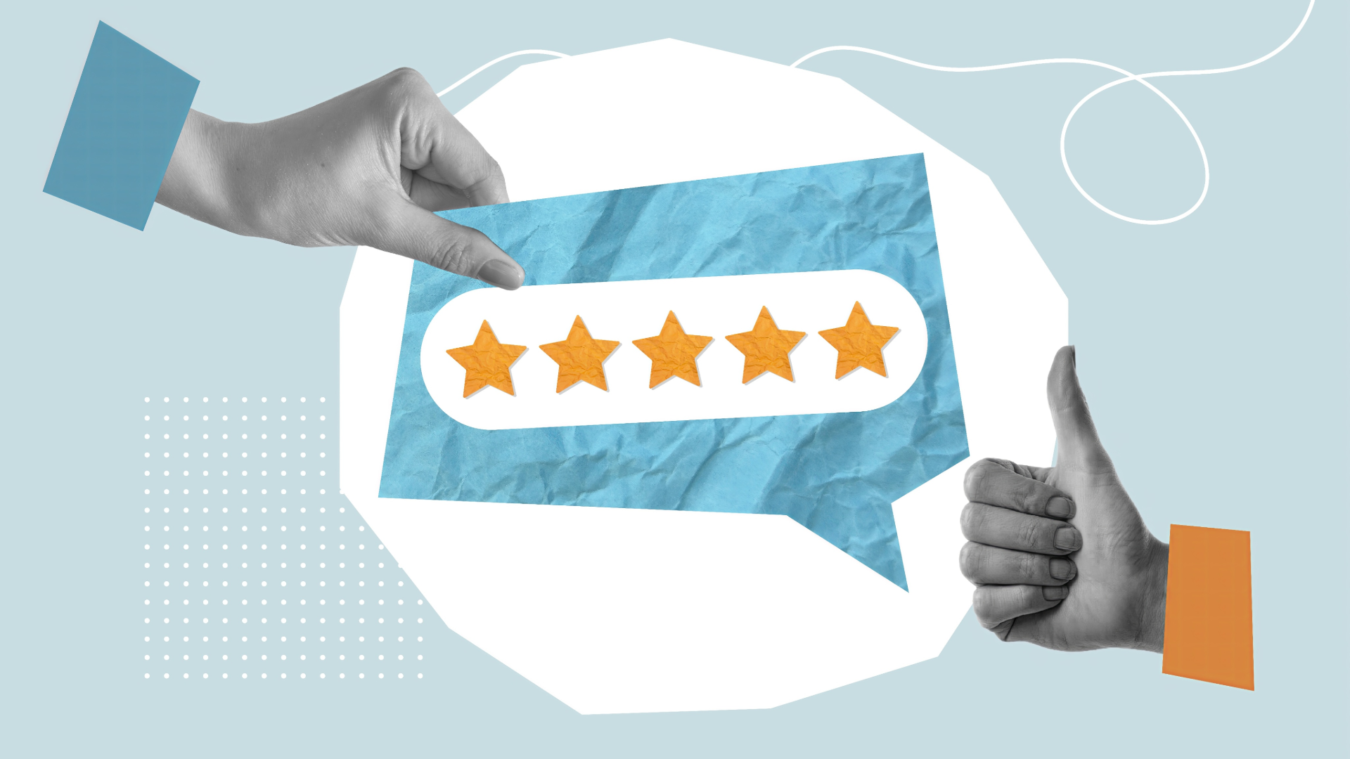 a digital collage of hands holding a piece of paper in a quote box format with five gold stars to reflect the theme of customer service