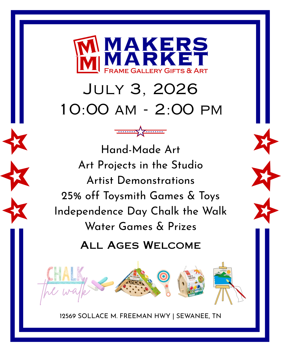 frame gallery gifts & art's first makers market on july 3, 2026 from 10 am to 2 pm in sewanee, tenn