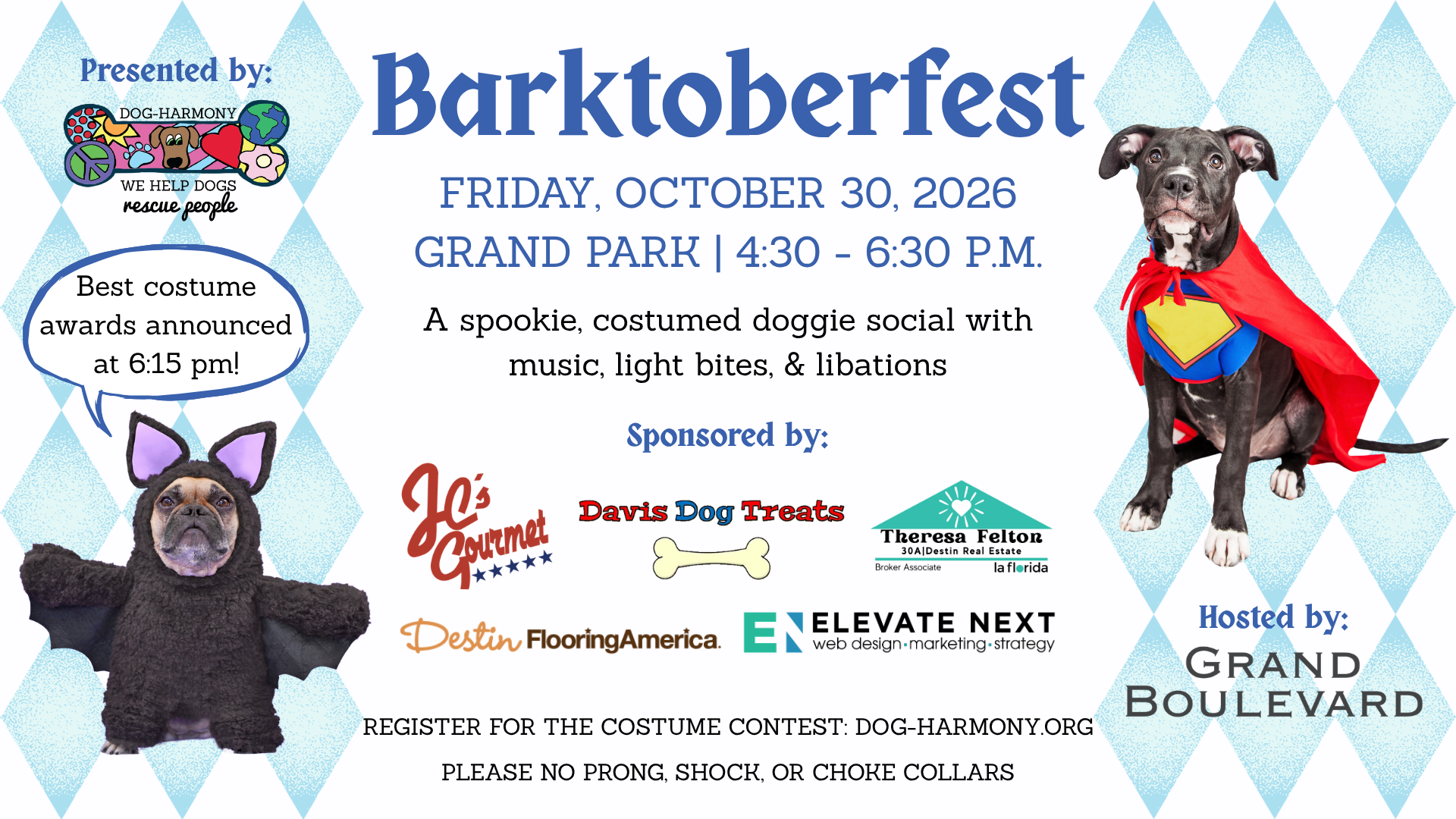 graphic promoting dog-harmony's 11th annual barktoberfest doggie social and halloween costume contest on friday, october 30, from 4:30 - 6:30 pm at grand boulevard at sandestin, florida