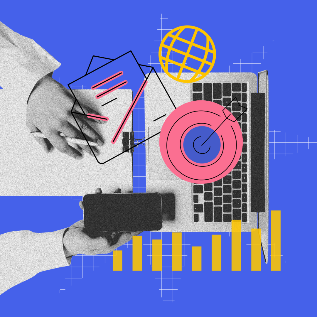 an overhead digital collage on a purple background with vintage black-and-white and color elements depicting hands in front of a laptop holding a phone and a pencil over a pad of paper. other shapes include icons for a bullseye, email, and a globe