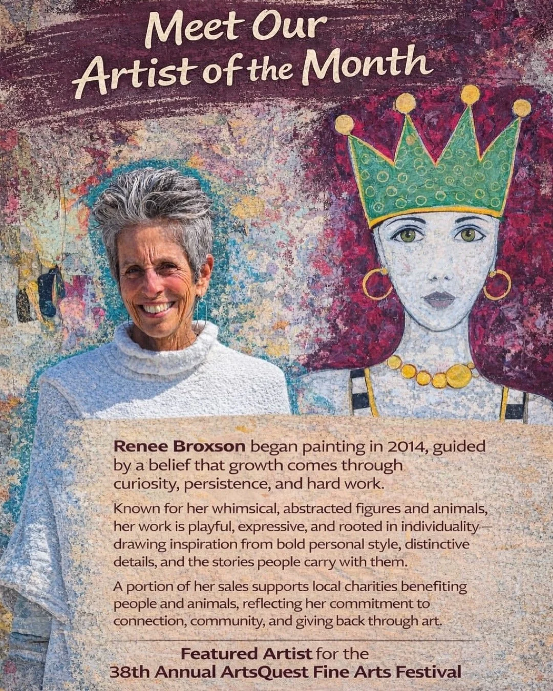 graphic collage with Renee Broxson's Headshot and her painting with a brief artist bio