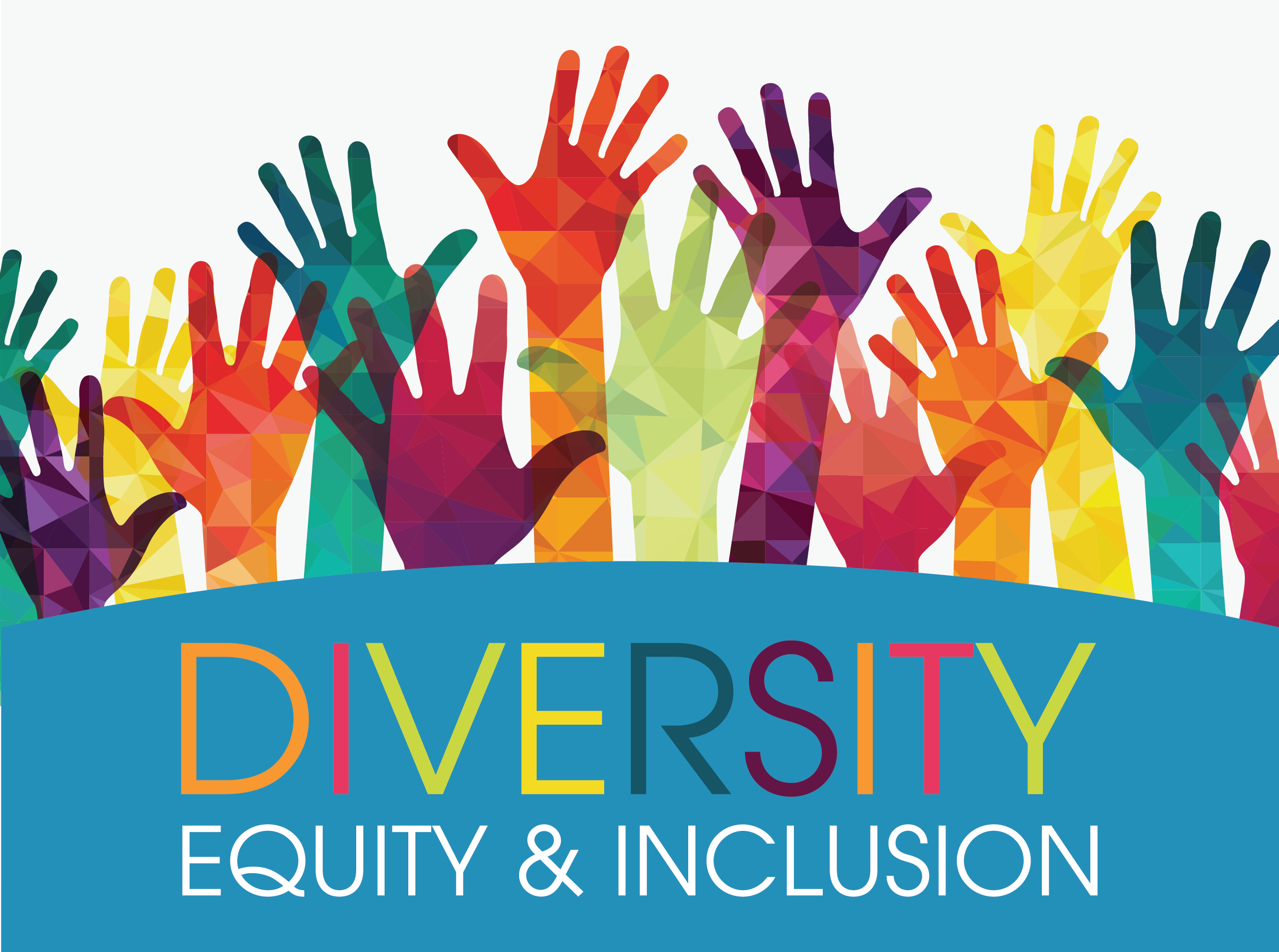 Multiple colorful hands raised in the air against a light background, with the word 'DIVERSITY' prominently displayed and text indicating focus on equality and inclusion.