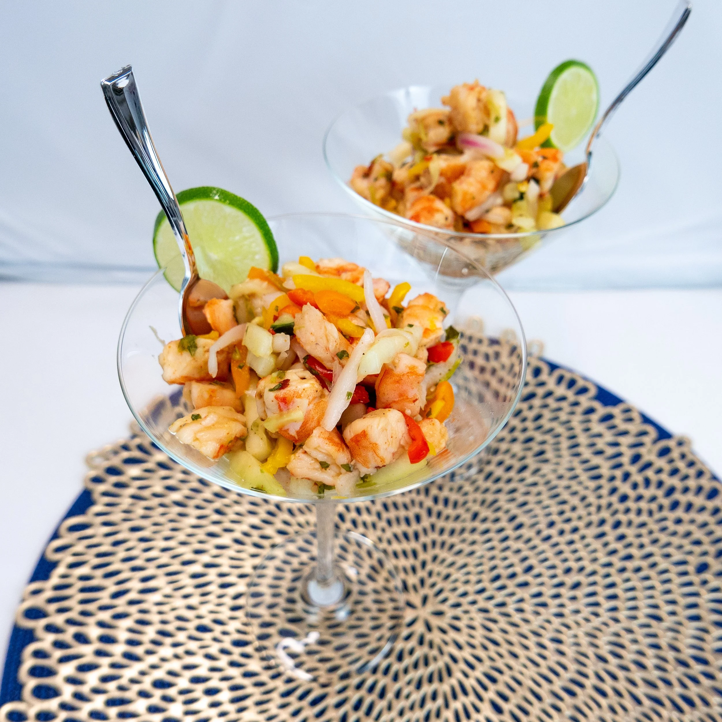 photograph of JC's Gourmet's shrimp Chillin' Ceviche served in martini glasses