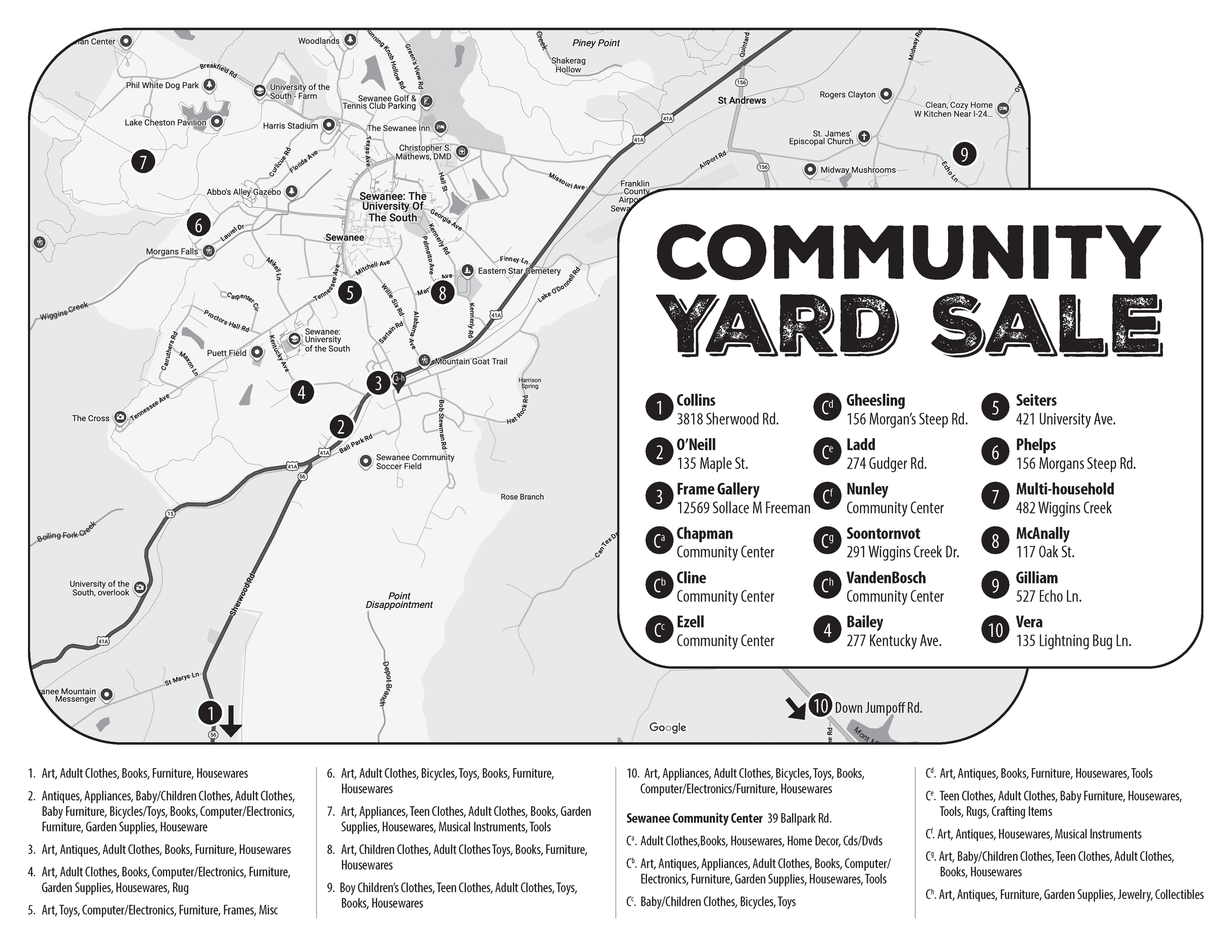 Sewanee Community-Wide Yard Sales Map 2026