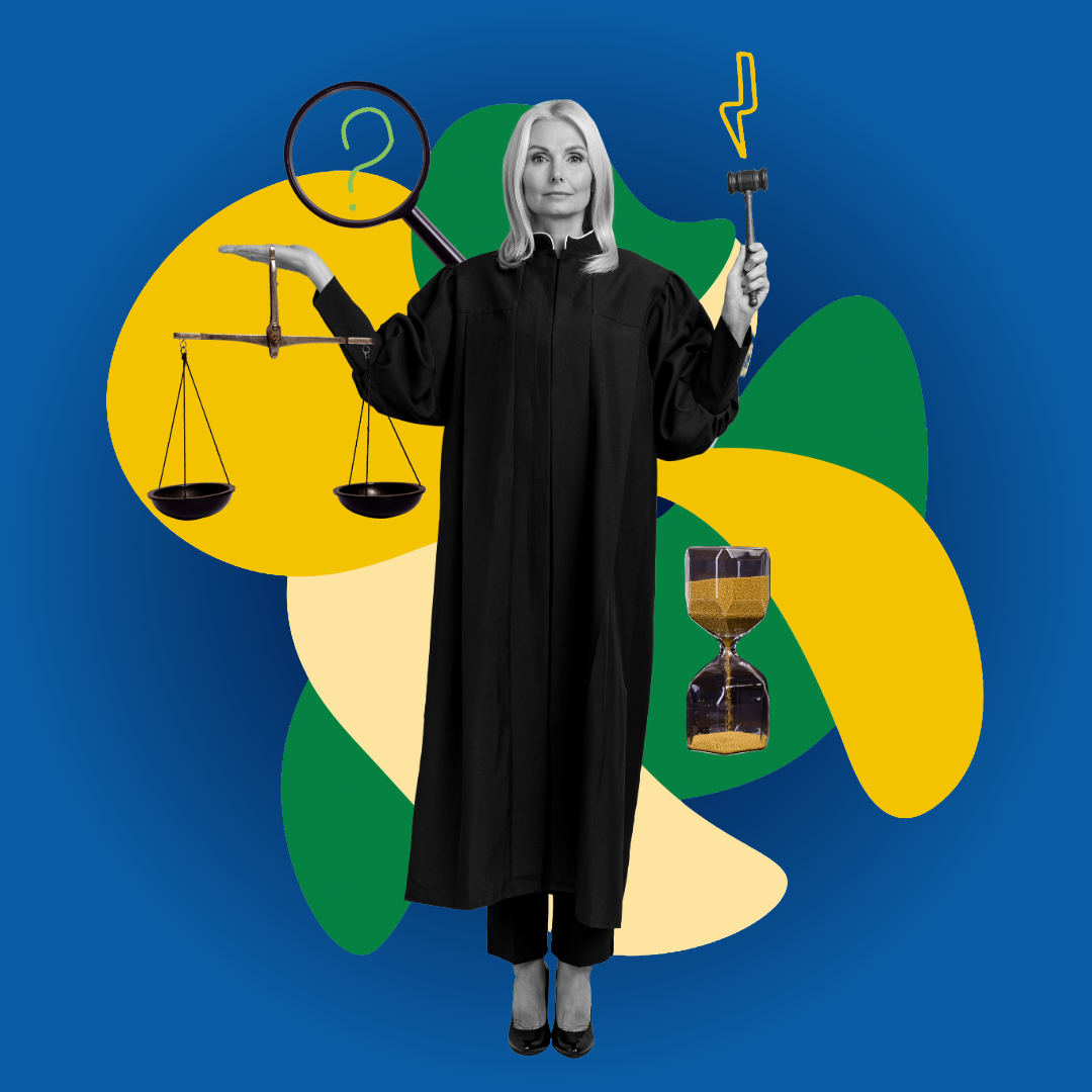 digital collage of a female judge holding a scale and a gavel. other items near her include a magnifying glass with a question mark inside it and an hour glass. yellow and green shapes overlay a dark blue background
