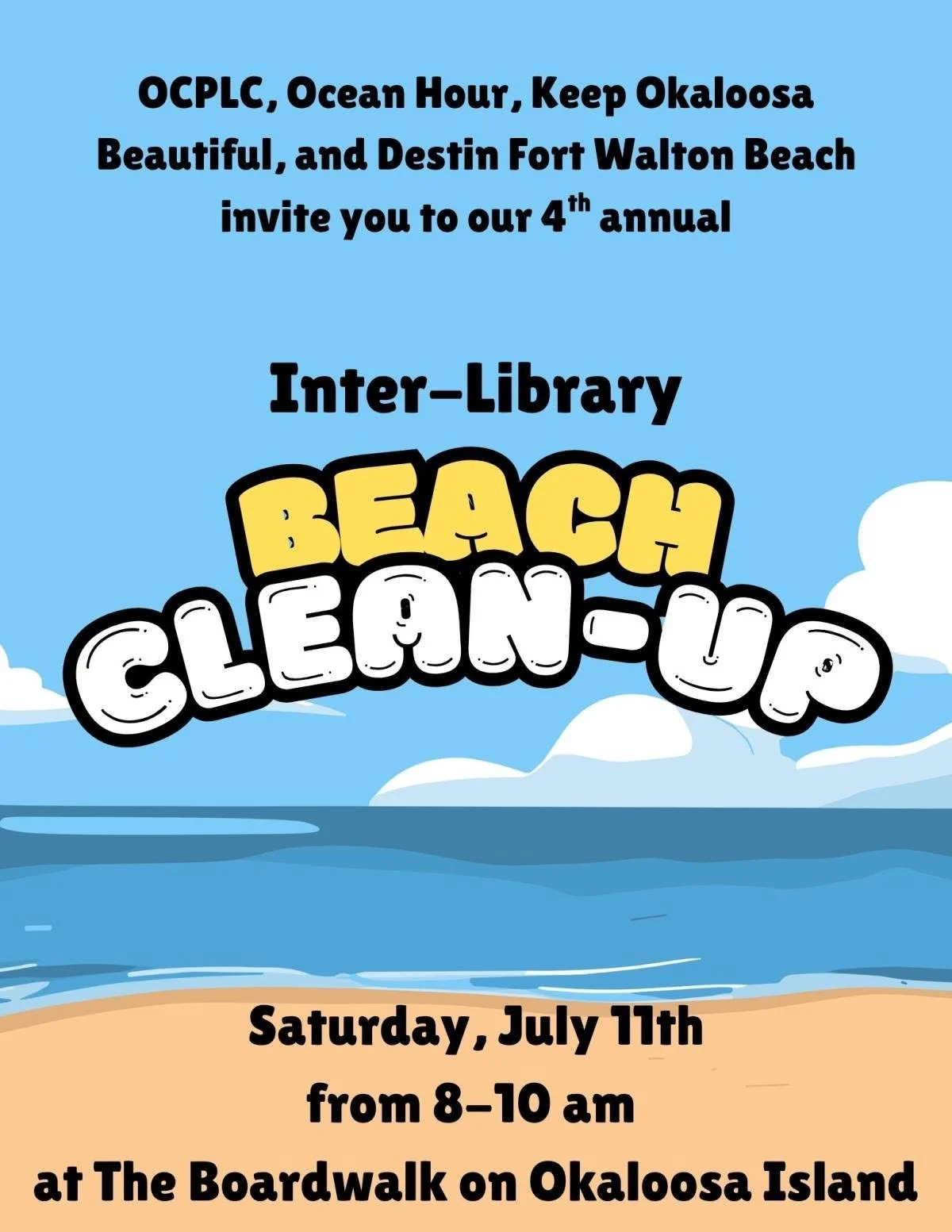 Interlibrary Beach Clean-up on Okaloosa Island, July 11, 2026, from 8:00 to 10:00 am