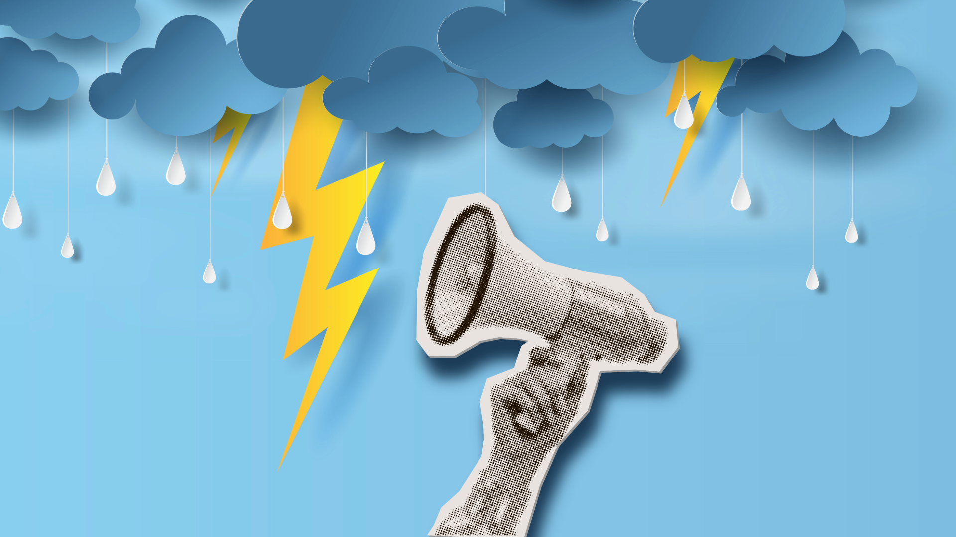 a digital paper collage of images: dark blue clouds with rain drops and yellow lightning on a lighter blue background with a grainy, black-and-white clip out of a hand holding a megaphone against "the perfect storm" backdrop