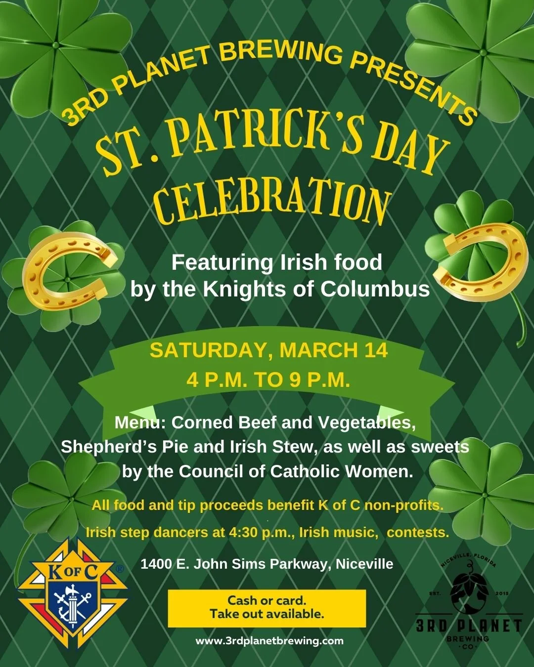 graphic on a green background with a glover to promote the 3rd planet brewery st. patrick's day celebration on march 14, 2026 from 4-9pm