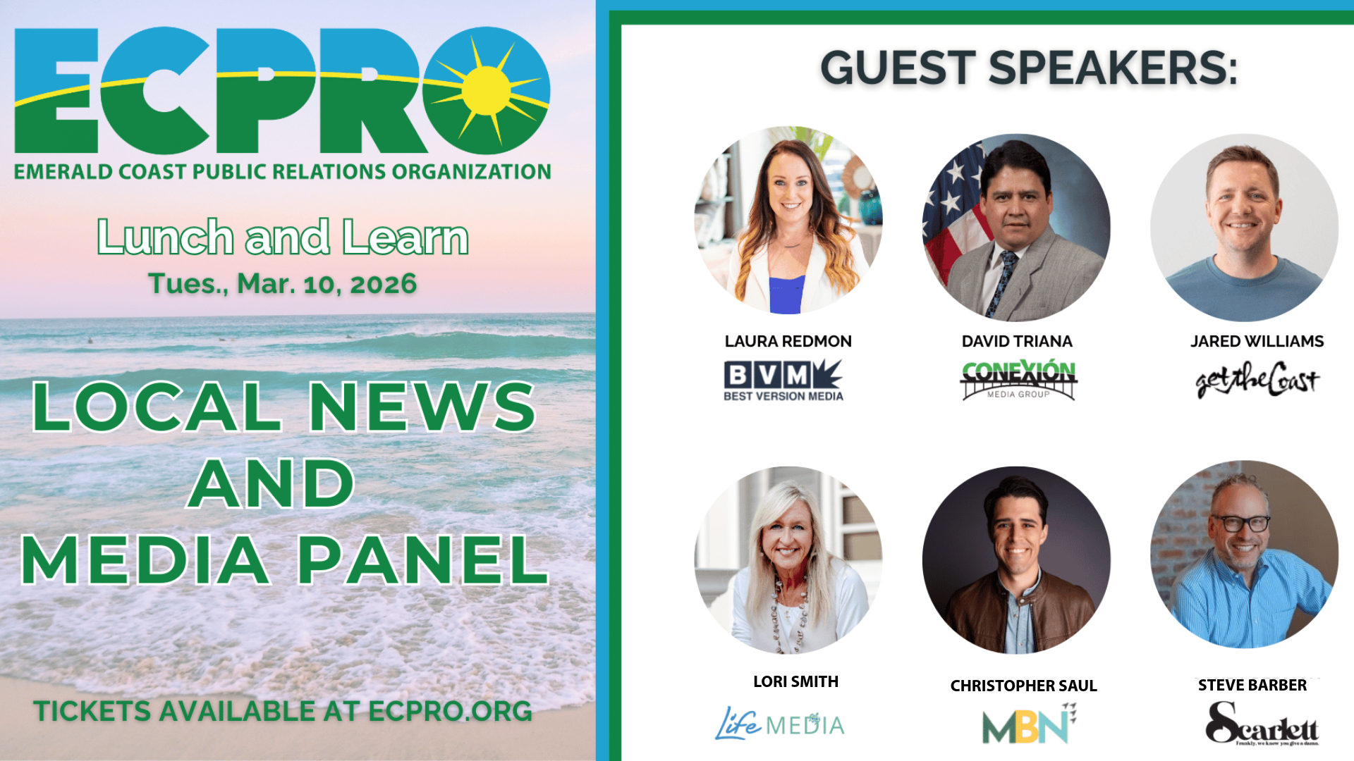 graphic to promote ECPRO's "local news and media panel discussion" on march 10, 2026 from 11:30 am to 1:00 pm at the Greater Ft. Walton Beach Chamber of Commerce