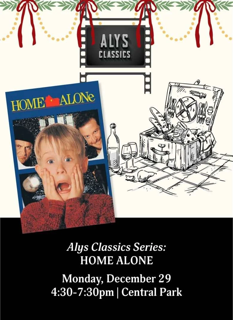 graphic promoting "Alys Classics: Home Alone" on Monday, December 29, 2025 from 4:30 - 7:30 pm at Alys Beach Amphitheater featuring a showing of "Home Alone" the movie