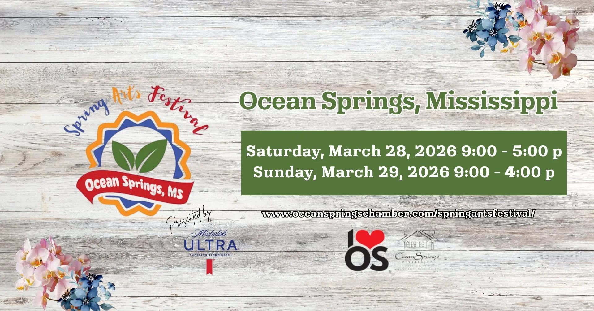 graphic for the 2026 Ocean Springs Art Festival in Mississippi March 28-29
