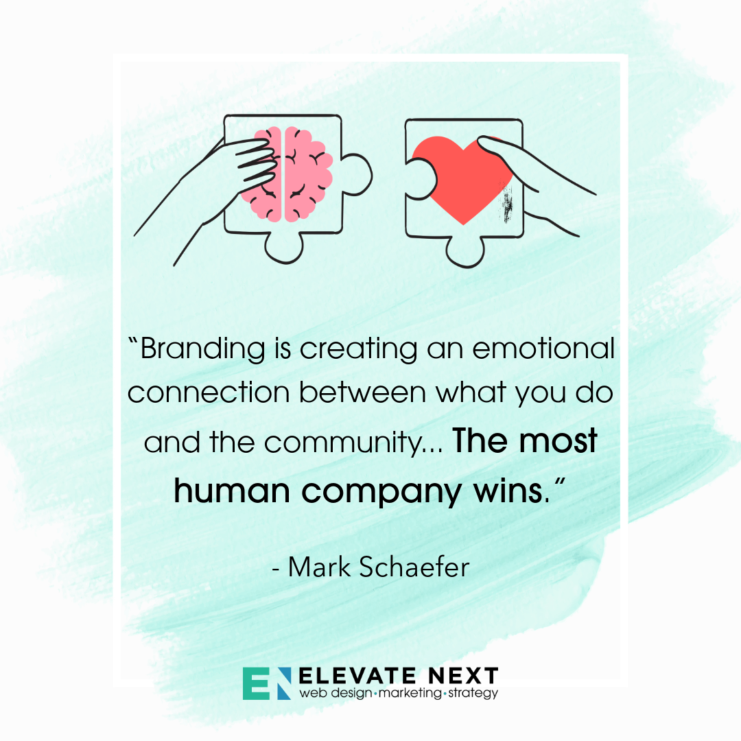 a graphic with a quote from mark shaefer, who said, "“Branding is creating an emotional connection between what you do and the community... The most human company wins.”