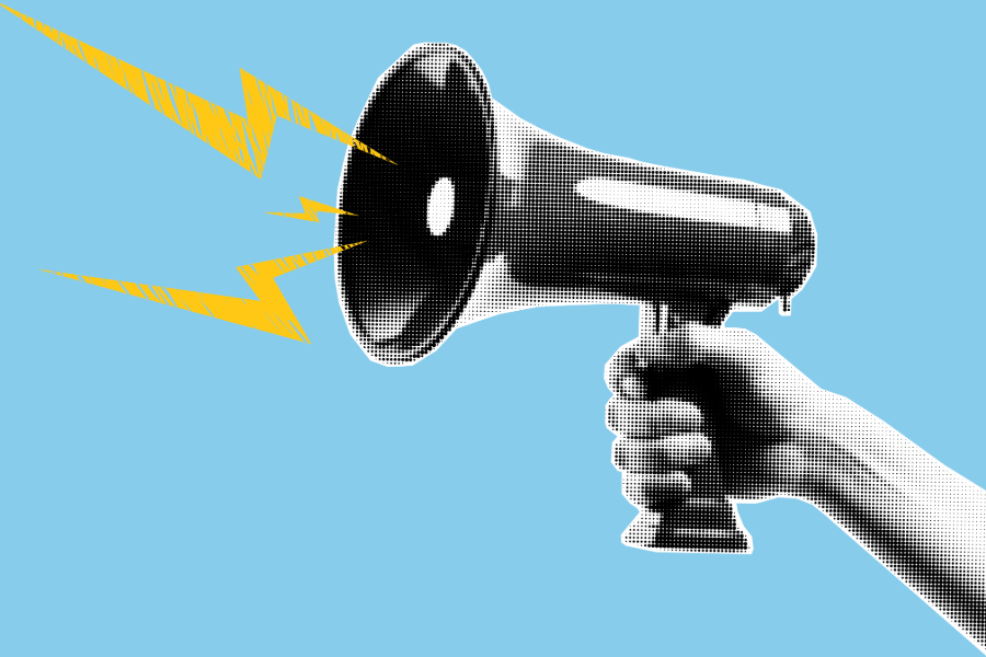 black and white vintage digital clip of a hand holding a megaphone with yellow lightning bolts coming out of it on a blue background