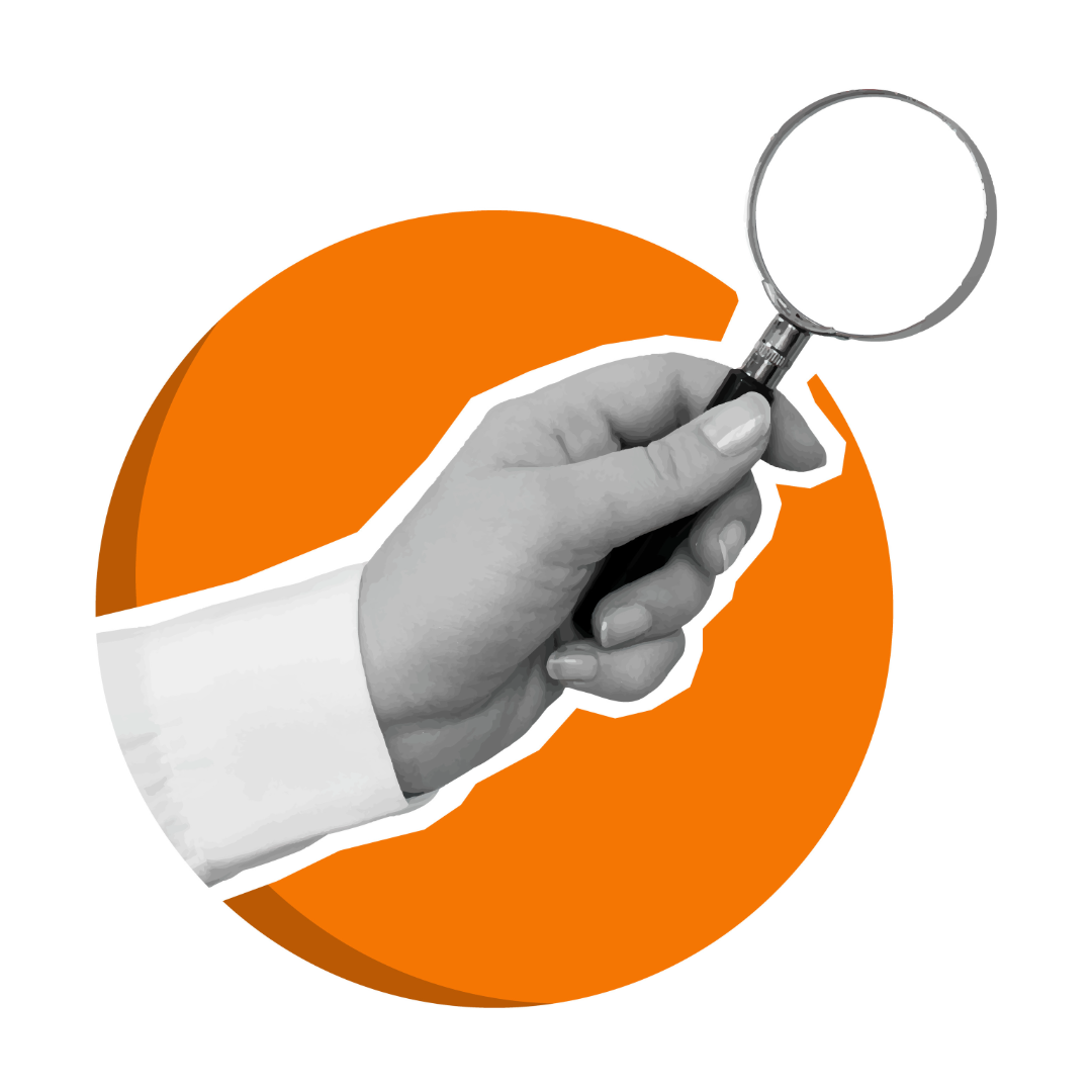 digital collage with a black-and-white hand holding a magnifying glass overlaying an orange circle