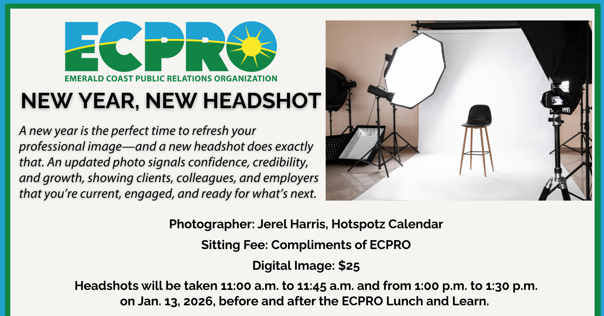 Graphic promoting an option for new headshots on January 13, before and after the ECPRO Lunch and Learn at the Greater Ft. Walton Beach Chamber of Commerce