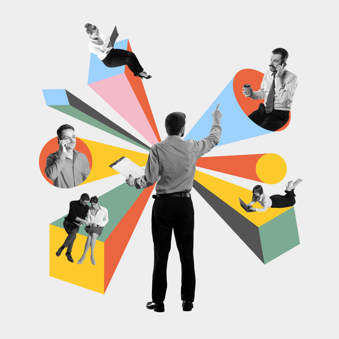 a digital collage on a gray background of a male employee facing a network of male and female employees appearing to direct their work