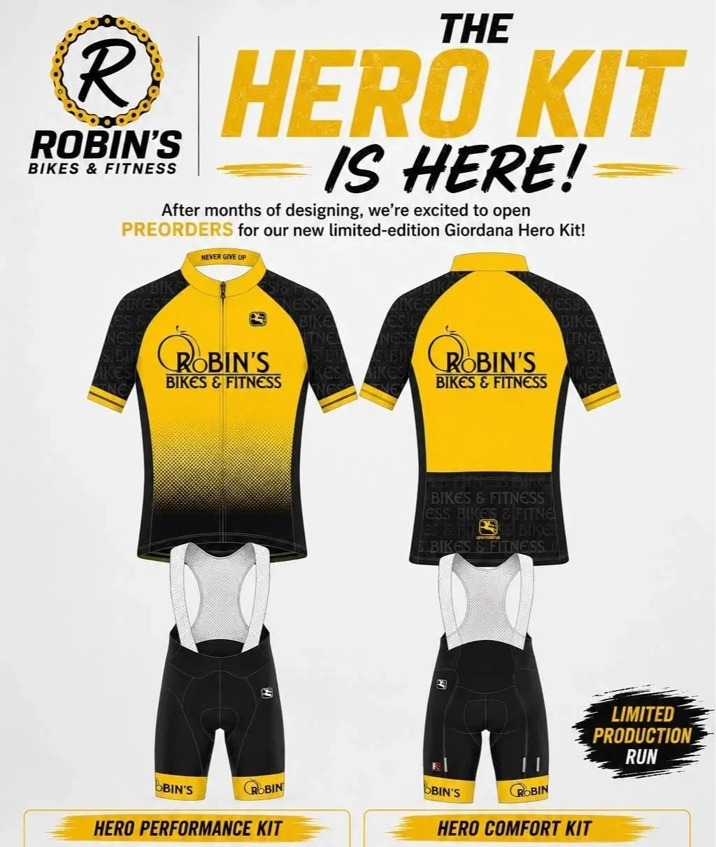 a graphic with a mock-up of robin's bikes & fitness' hero bicycle kit design