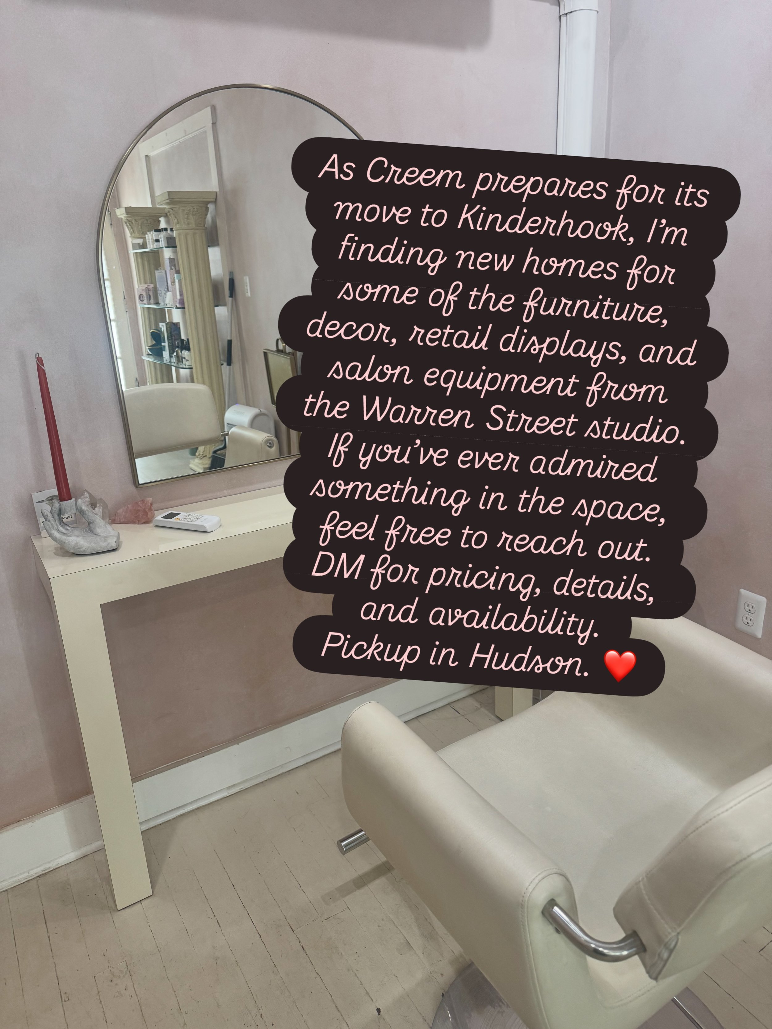 Studio sale ✨
As I prepare to close the Hudson space and move to Kinderhook, I&rsquo;m letting go of some salon furniture, d&eacute;cor, and equipment.
Prices are listed on each photo. Pickup in Hudson. Message me if you&rsquo;d like an item or have 