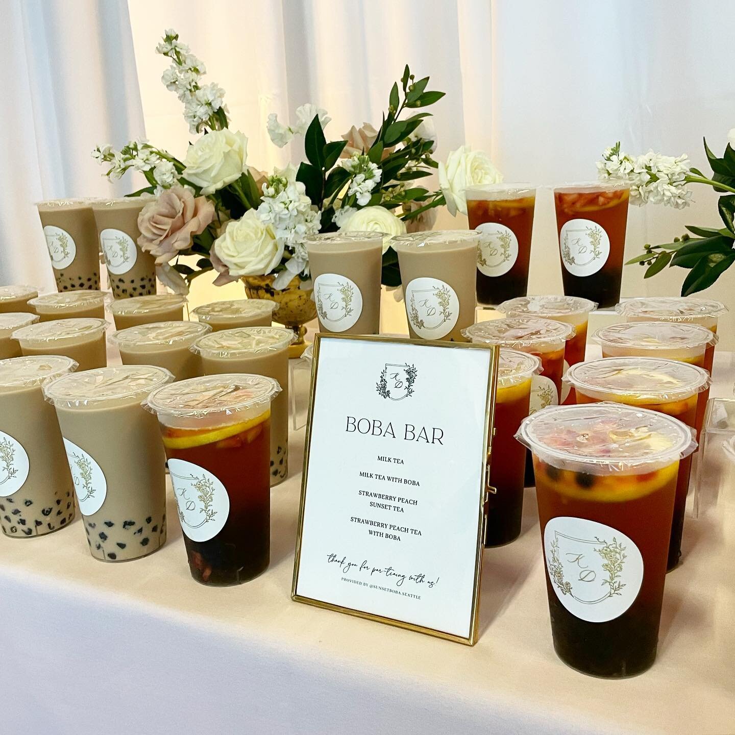 Swooning over this elegant boba display + the custom monogram on our drinks from @gianevents and @luckysisterpaperco 🤍

#boba #weddingboba #bobacatering