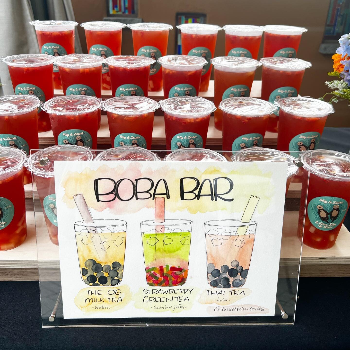The cutest sign for our boba bar for Laura and Billy&rsquo;s otter-themed wedding! 🦦 We delivered these drinks fresh, cold and ready for guests to drink right away &mdash;&mdash; it was a hit!

Venue @manorhouseevents98110
Planner @elevatedeventsbyt