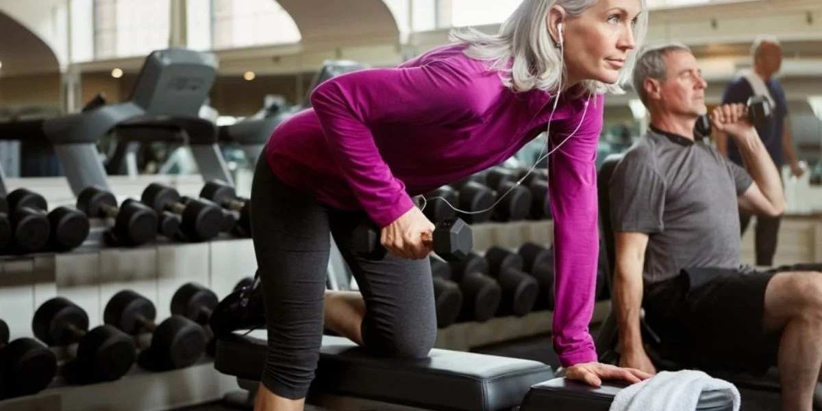 Strength training for women over 50 featuring mature woman in purple workout attire performing step-up bench exercise with dumbbells in gym setting with weights visible.