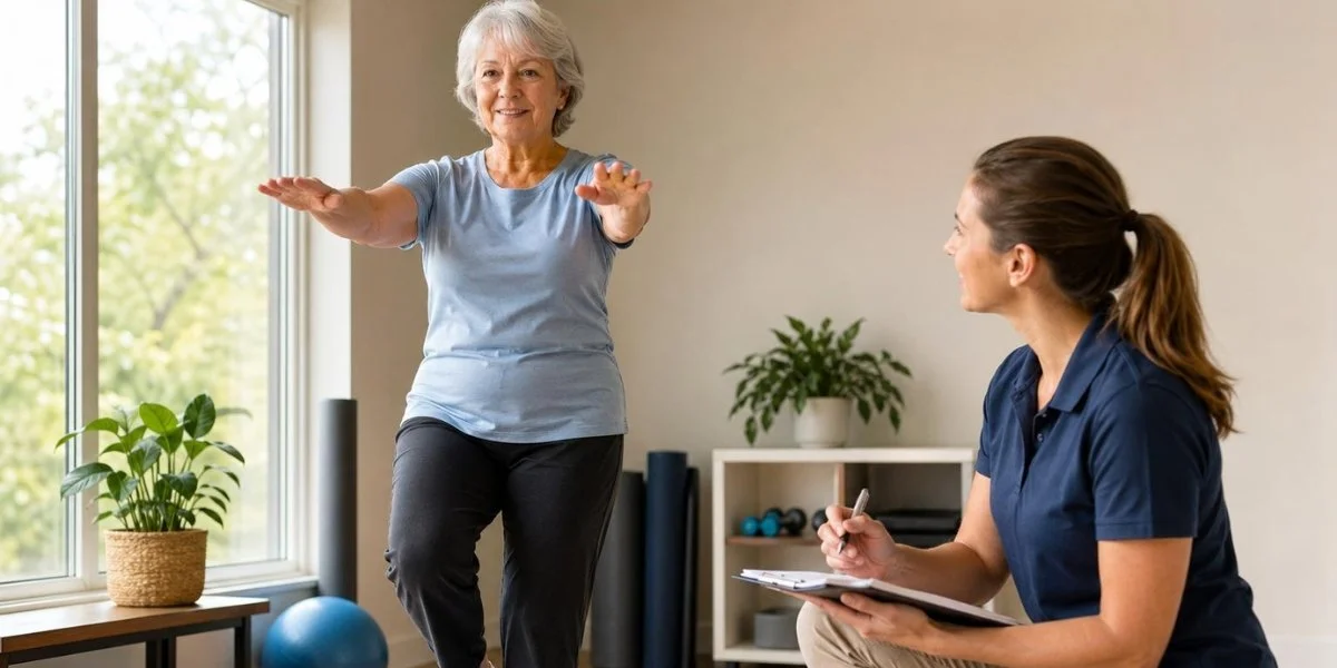 Balance training for seniors: a senior woman performs a balance exercise with arms extended while a fitness instructor observes and takes notes in a home gym setting.