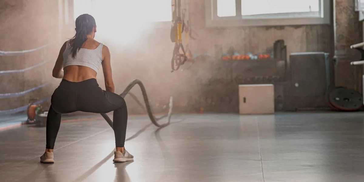 Woman performing battle rope exercises in an industrial gym space with dramatic lighting, representing walking vs strength training for longevity through dynamic functional fitness training.