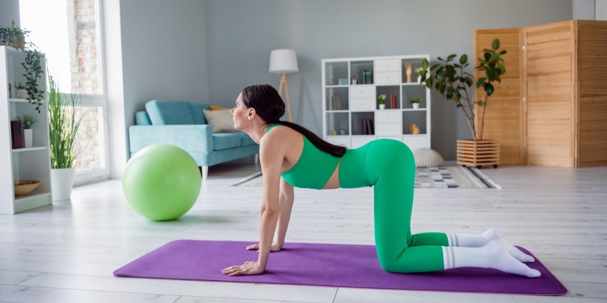 Cat-Cow Stretch: a woman in green fitness attire performs the cow pose on a purple yoga mat with an exercise ball nearby in a bright, plant-filled home gym.