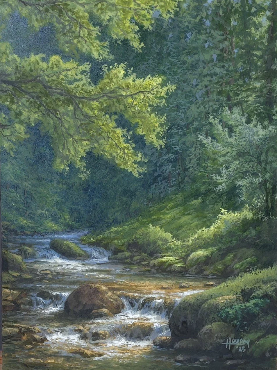 Oil painting of a serene forest scene featuring a small creek flowing over rocks, surrounded by lush green trees and vegetation.