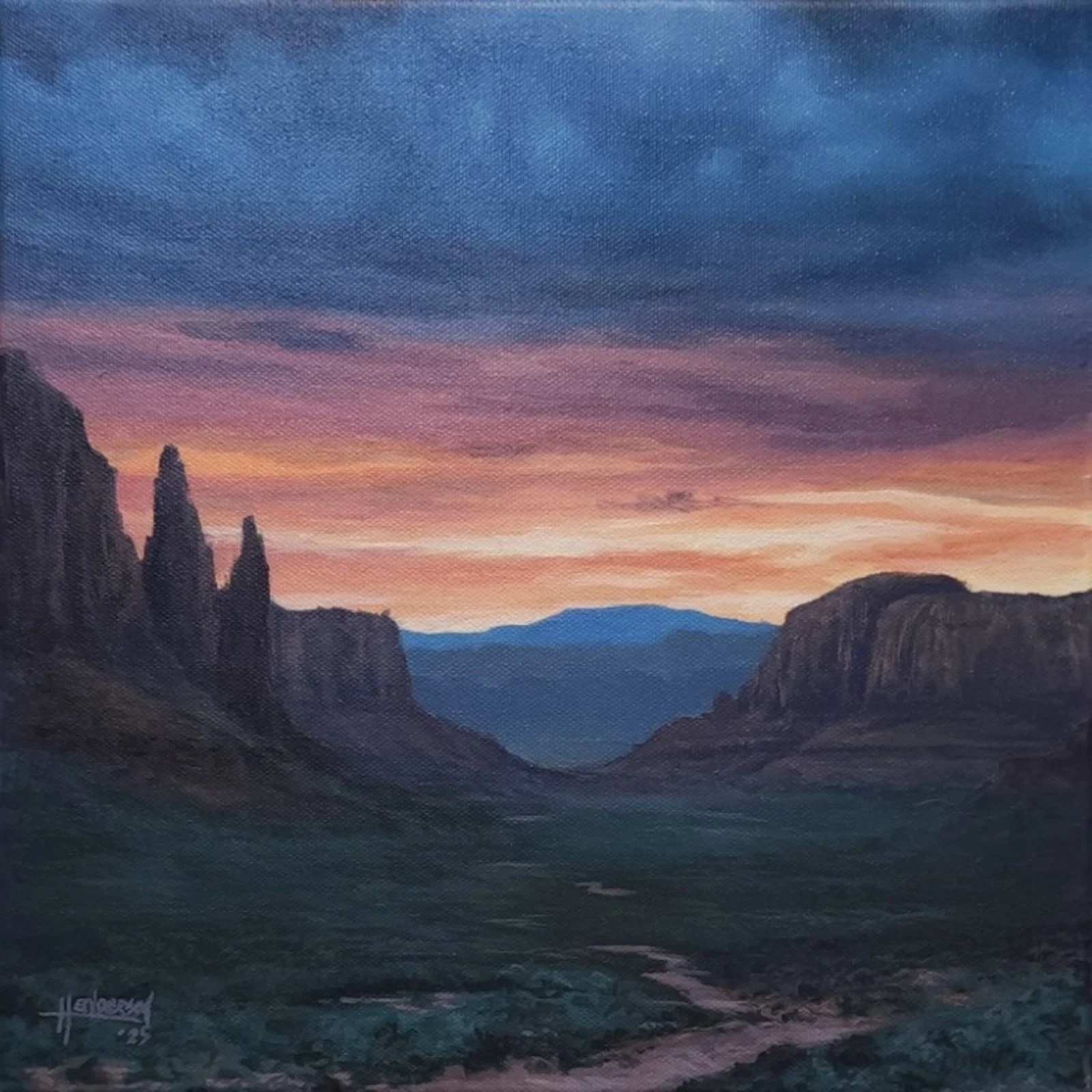 A landscape painting of a sunset over a canyon, with tall rock formations on the left and distant mountains on the horizon, under a multi-colored sky.