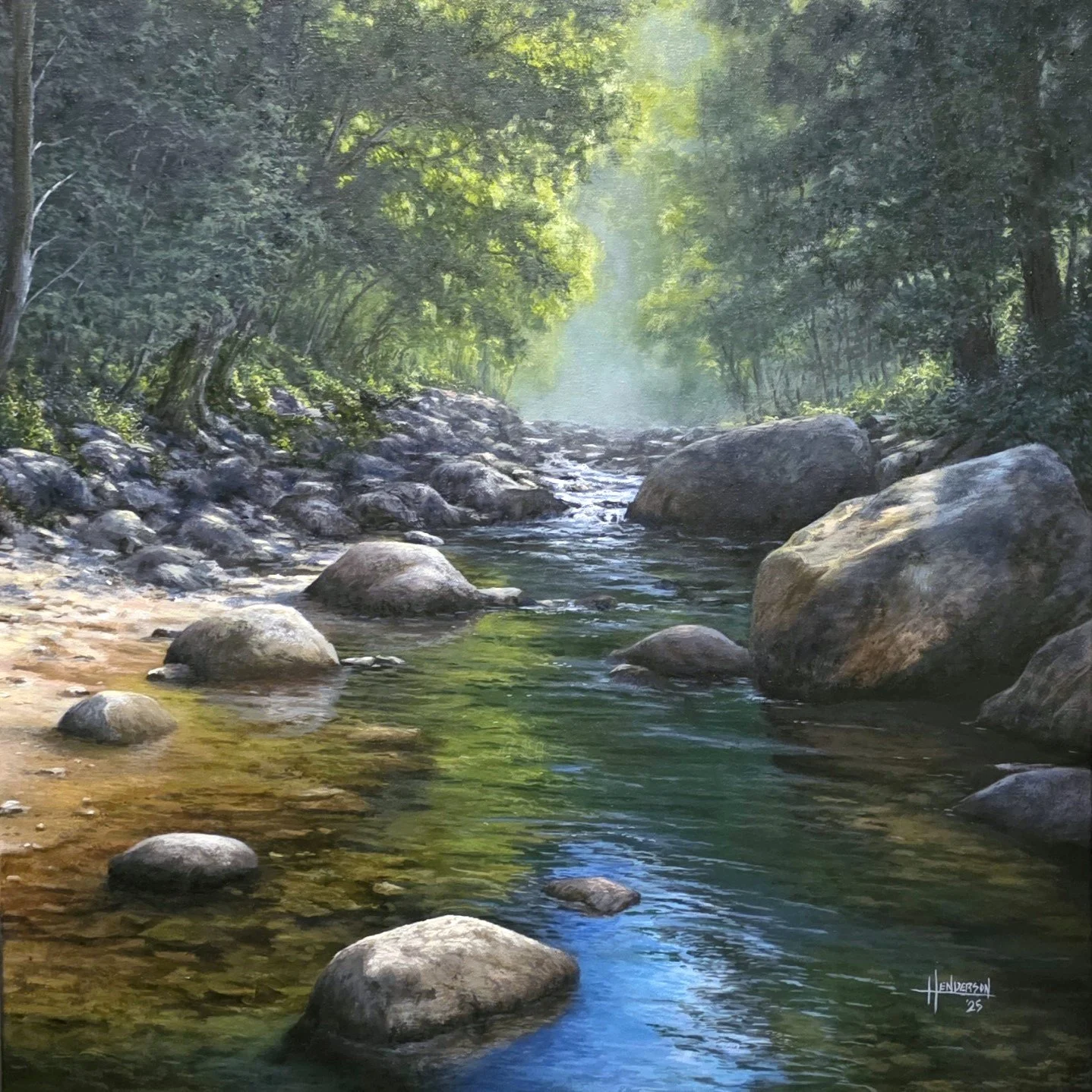 A painting of a peaceful forest creek with large rocks in the water and lush green trees on the sides, sunlight filtering through the leaves.