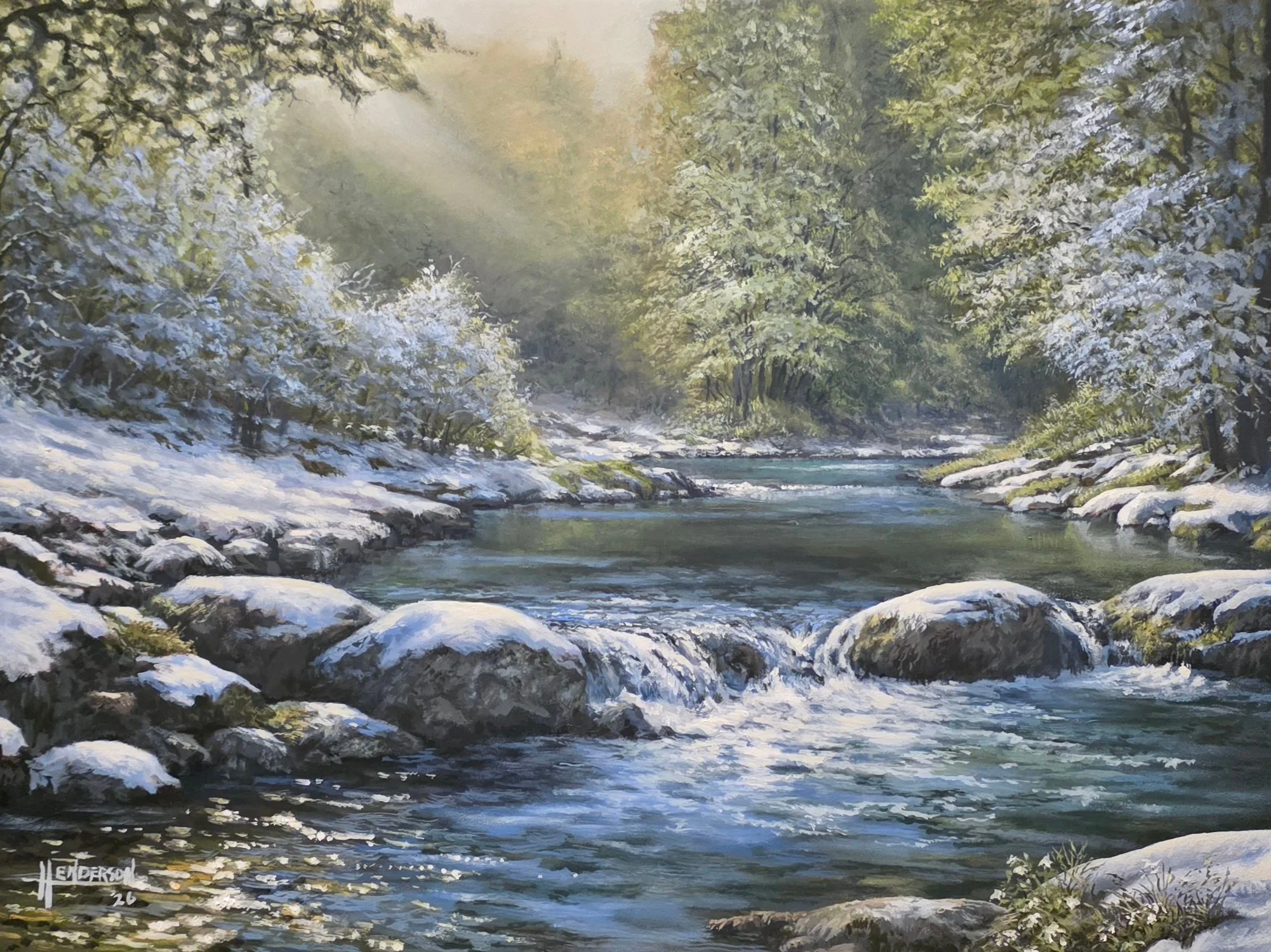 A peaceful painting of a river flowing through a forest during daytime. The trees are covered in snow, and sunlight filters through the branches onto the water.