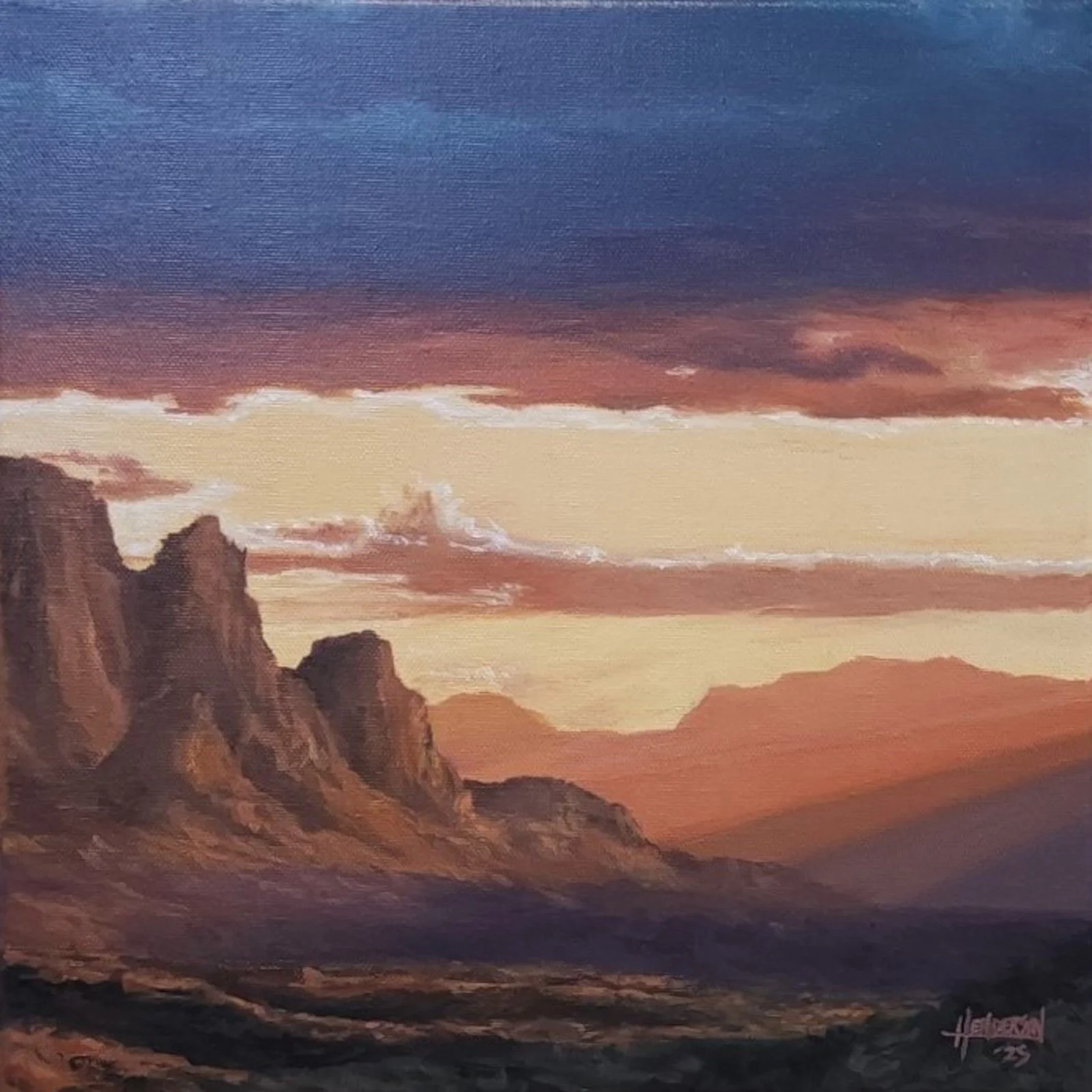 A painting of a desert landscape at sunset with reddish rock formations and a colorful sky with clouds.