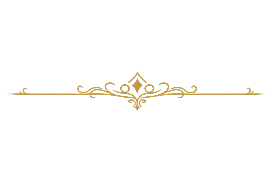 Elegant black background with gold ornate decorative line and central flourish.