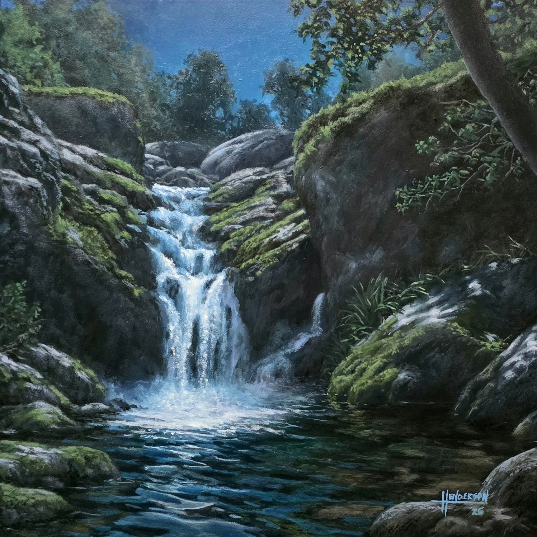 A landscape painting of a mountain stream flowing through moss-covered rocks surrounded by dense green forest, with a blue sky in the background.