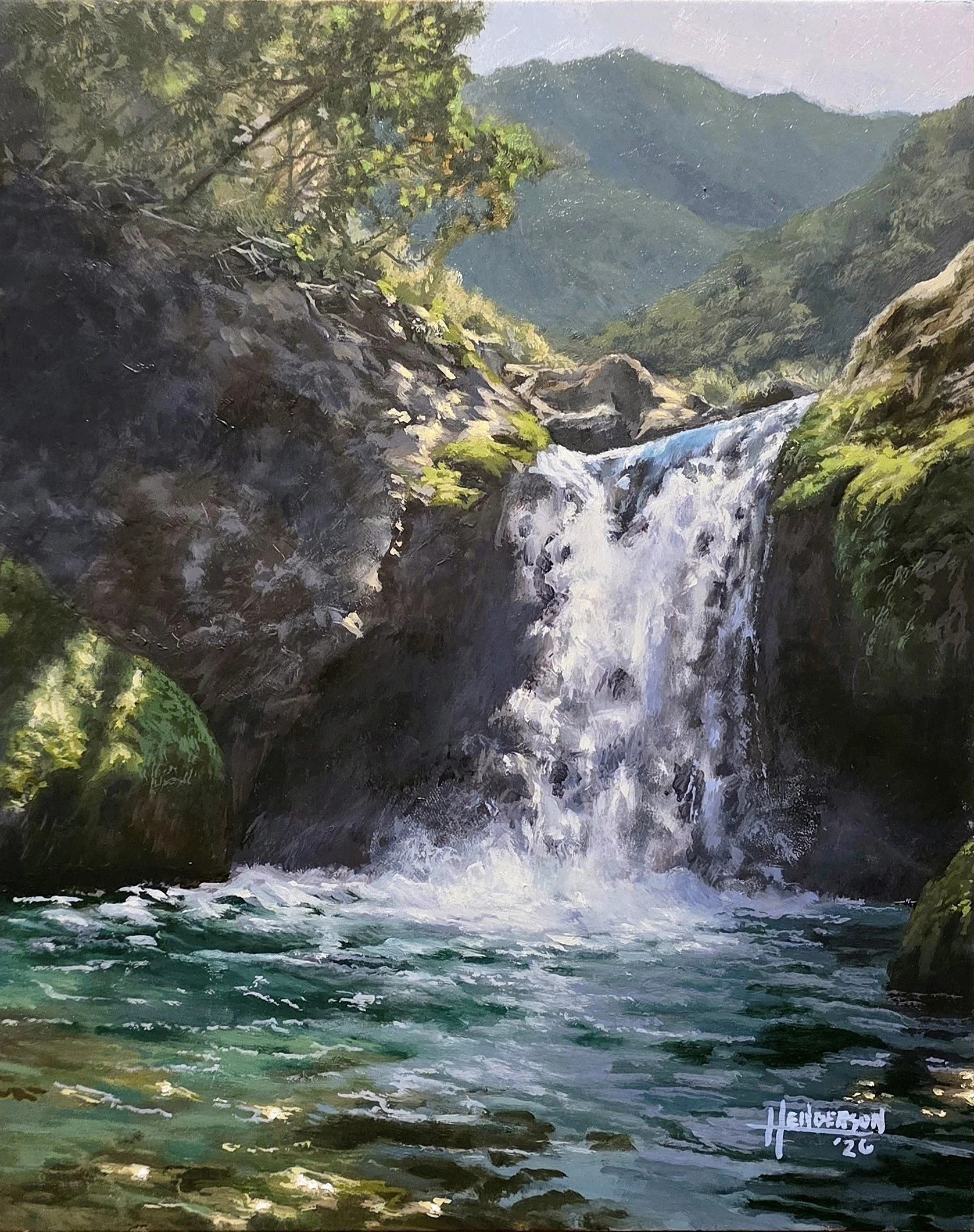 A landscape painting of a waterfall cascading into a river surrounded by rocky terrain and lush greenery, with distant mountains under a cloudy sky.