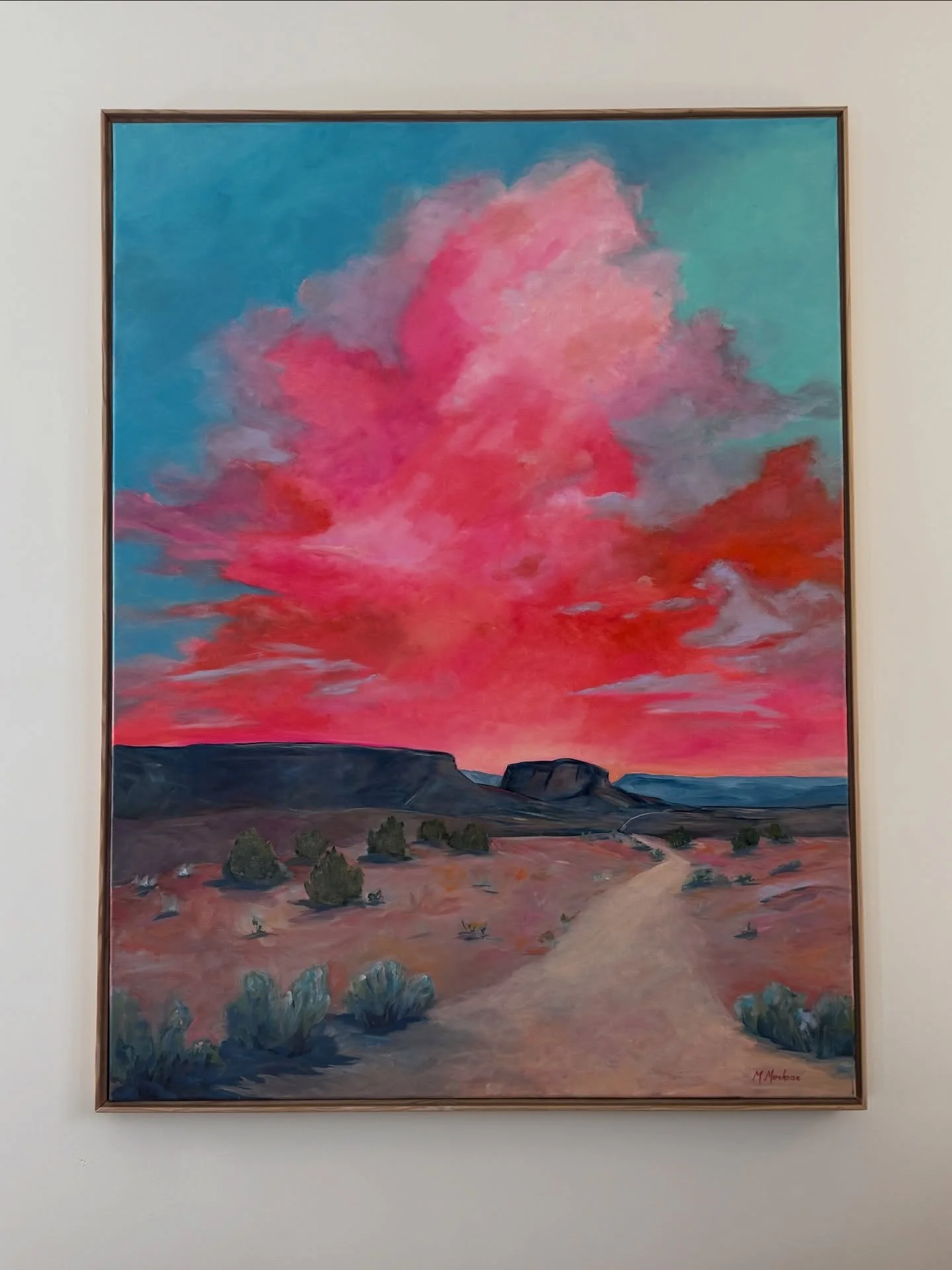 &ldquo;Into the Sunset&rdquo; 48&rdquo; x 36&rdquo;
You know that feeling as the light of the day is fading but the sun is at the horizon and gives one last surge reflecting orange-magenta hues back up at the clouds?  It&rsquo;s one of my favorite mo