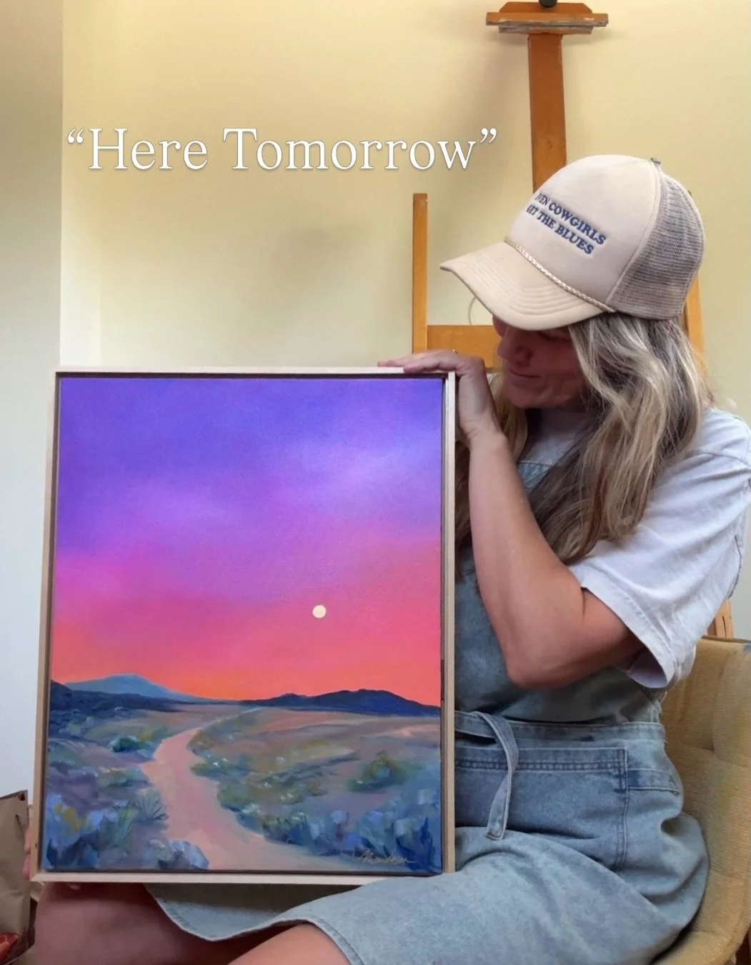 This paintings got the glow. I love the sky and bright moon and path leading you into the distance. I titled it &ldquo;Here Tomorrow&rdquo; to make sure to have dreamy destinations on the horizon. The original is available and there are canvas prints