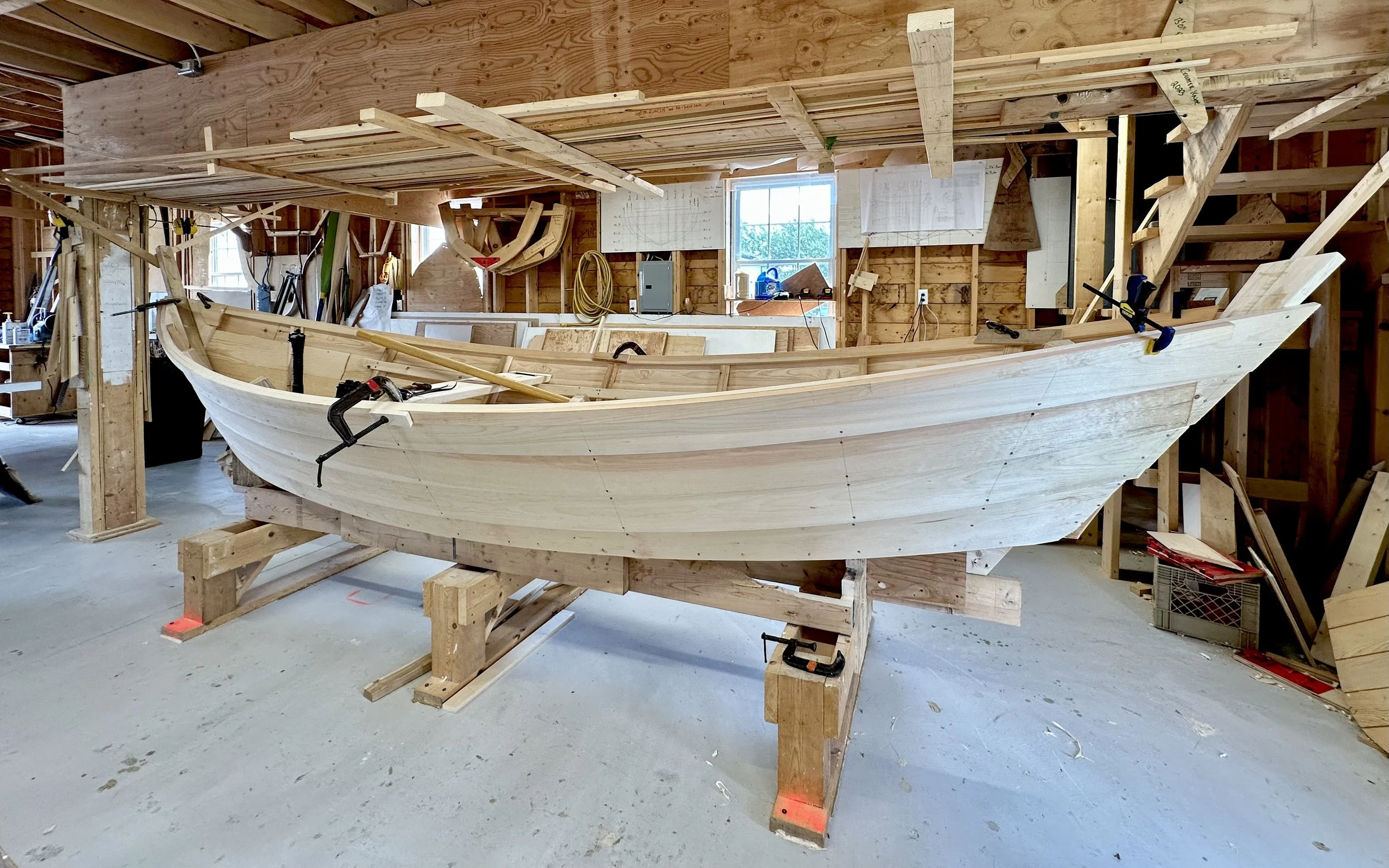 A wooden dory nearing completion in the boat shed at the Newfoundland and Labrador Wooden Boat Museum in Winterton.