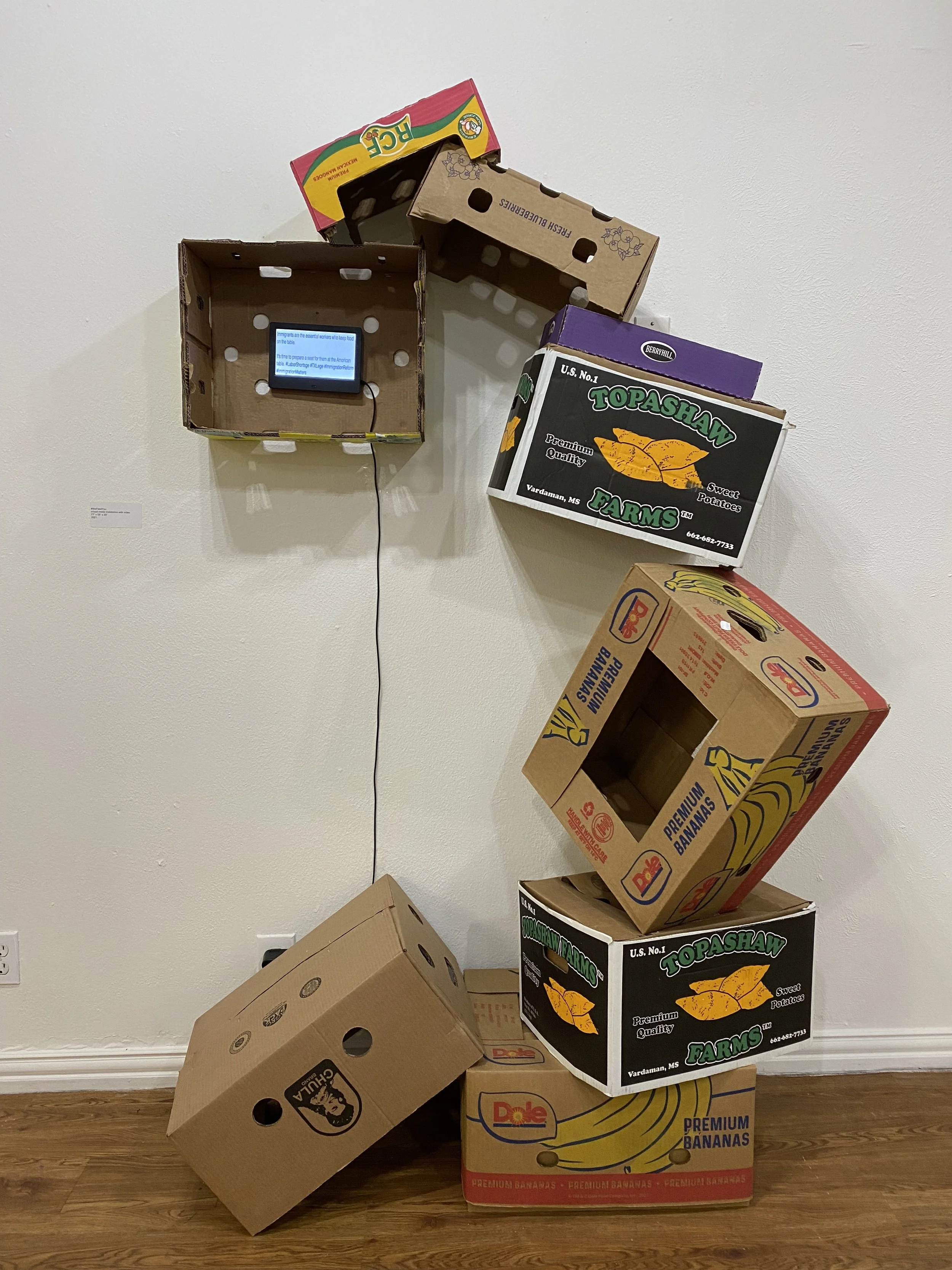 #WeFeedYou,
 mixed media installation with video, 77” x 58” x 20”	2021