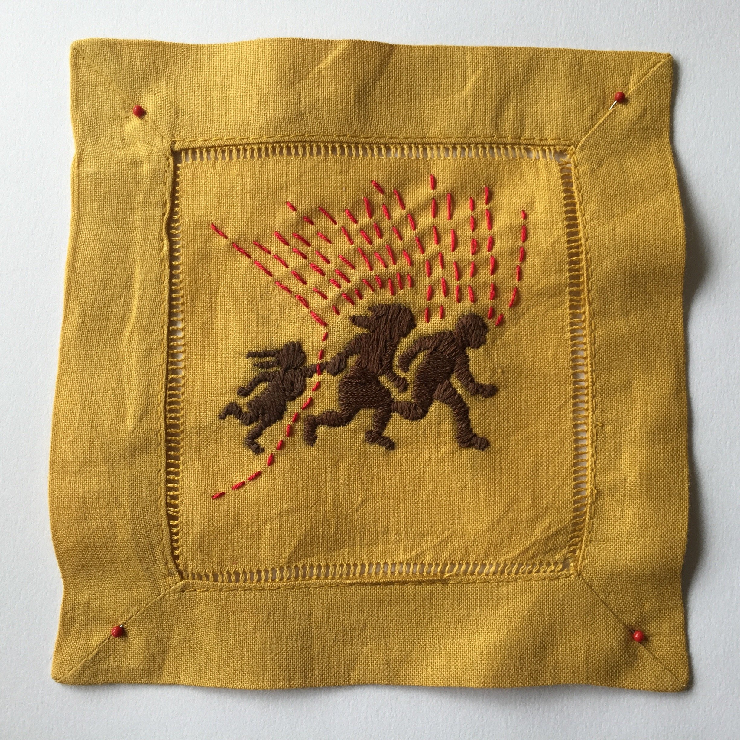 Peligro, 2017, embroidery on fabric, 6 x 6 inches, sold.