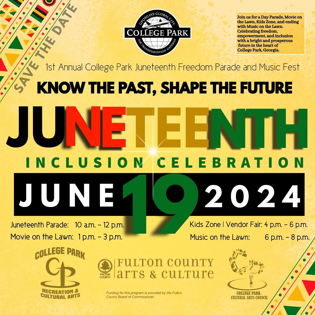 Join the @cityofcollegepark for the 1st Annual College Park Juneteenth Inclusion Celebration: &ldquo;Know the Past, Shape the Future&rdquo; on Wednesday, June 19, 2024. We will have a parade, movie on the lawn, kids zone/vendor fair, and music on the