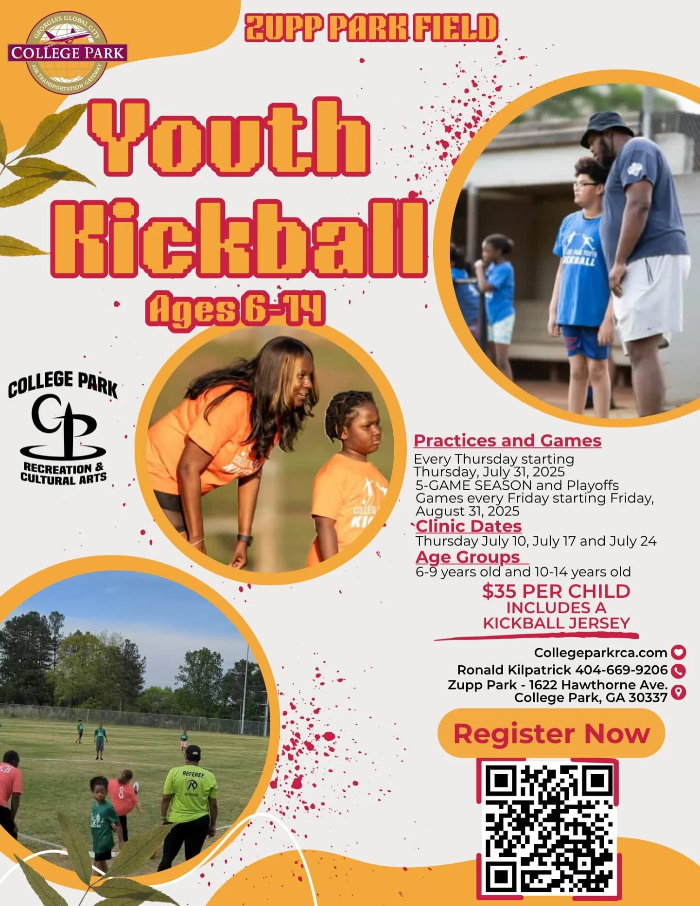 Join us for youth kickball. Visit www.collegeparkrca.com for more information.