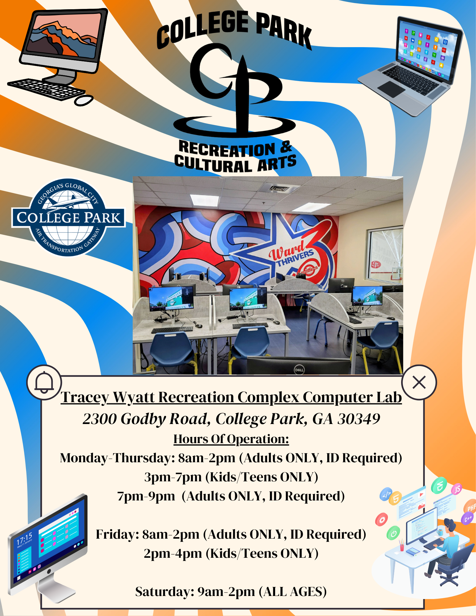 A flyer for the Tracey Wyatt Recreation Complex Computer Lab, located at 2300 Godby Road, College Park, GA 30349. The flyer contains graphics of computers and programming icons, with schedules listing hours of operation for adults and kids/teens, and celebrates 3 awards for the facility.