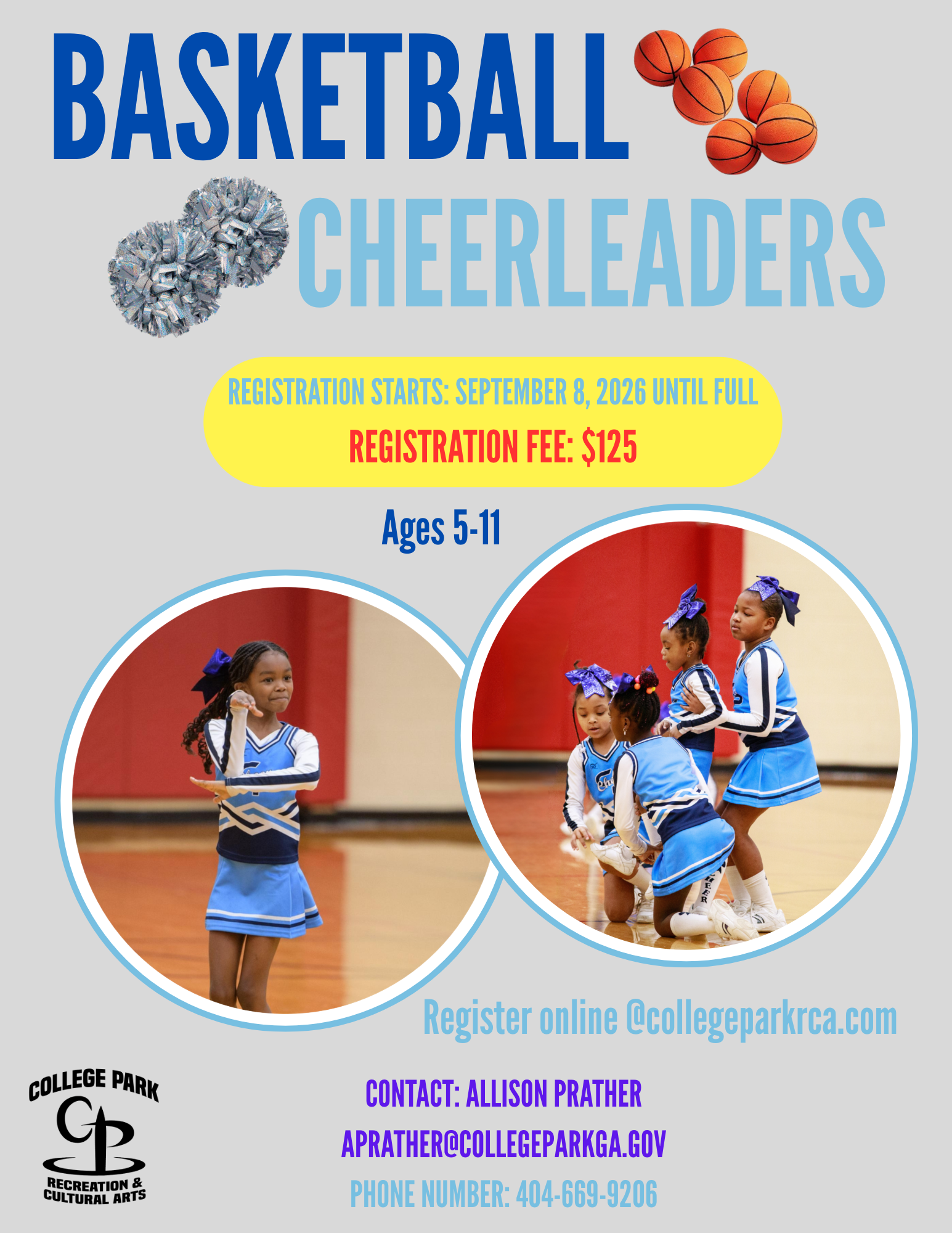 Flyer for a basketball cheerleading event featuring photos of young cheerleaders in blue uniforms. Text indicates registration begins September 8, 2026, with a fee of $125. Contact information for Allison Prather and a website for registration are provided.