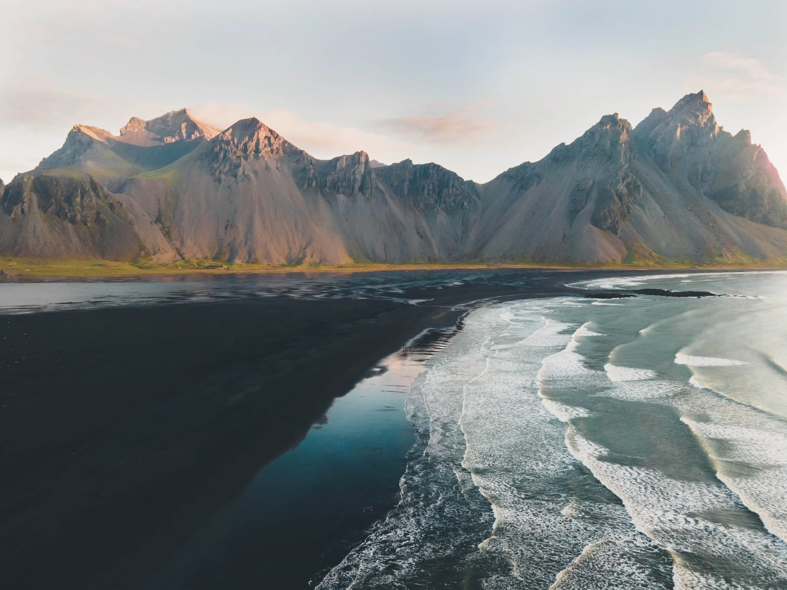 Aerial view of the sun rising at Stoksness.