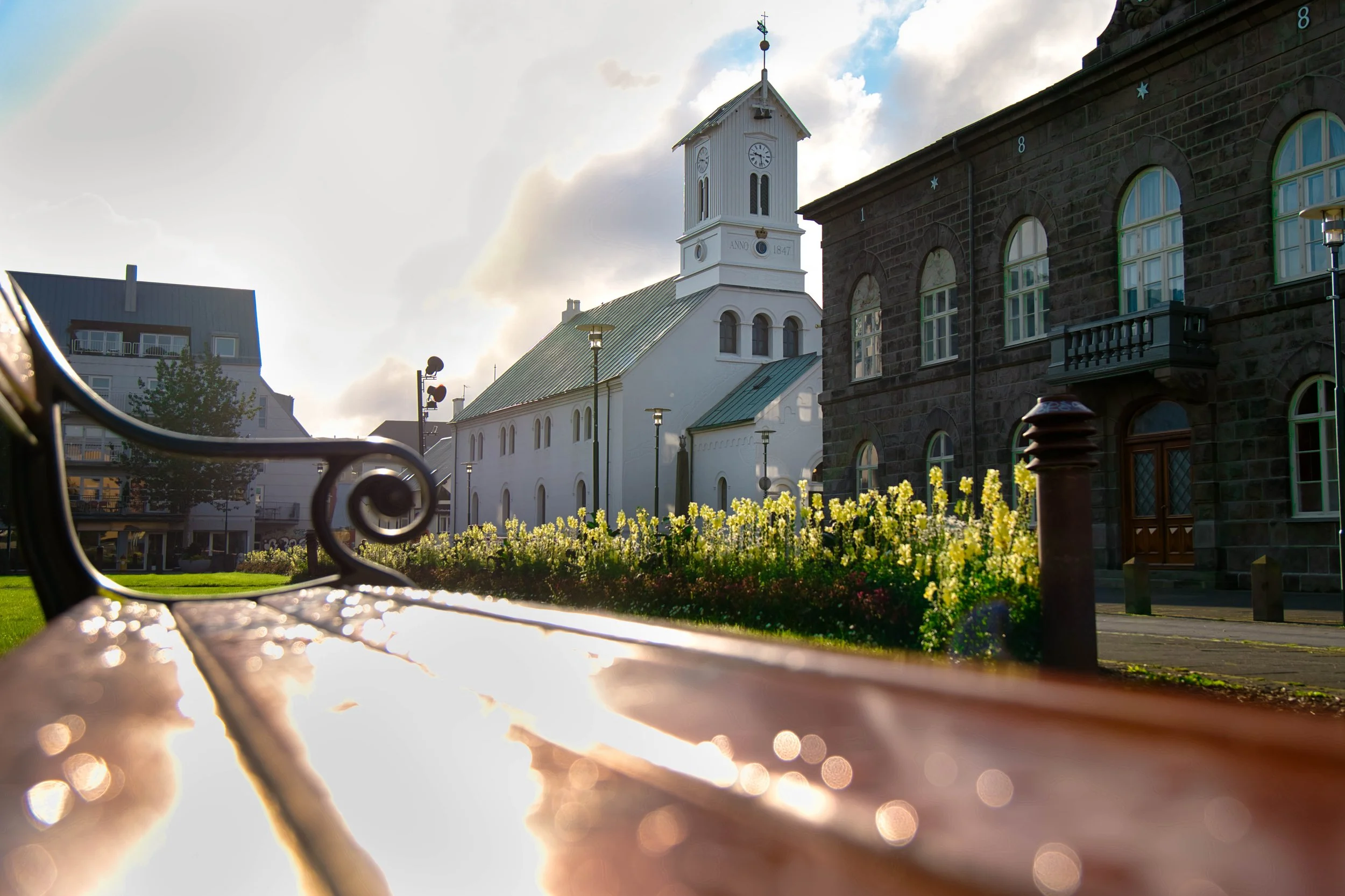 A view of a church from a park bench.