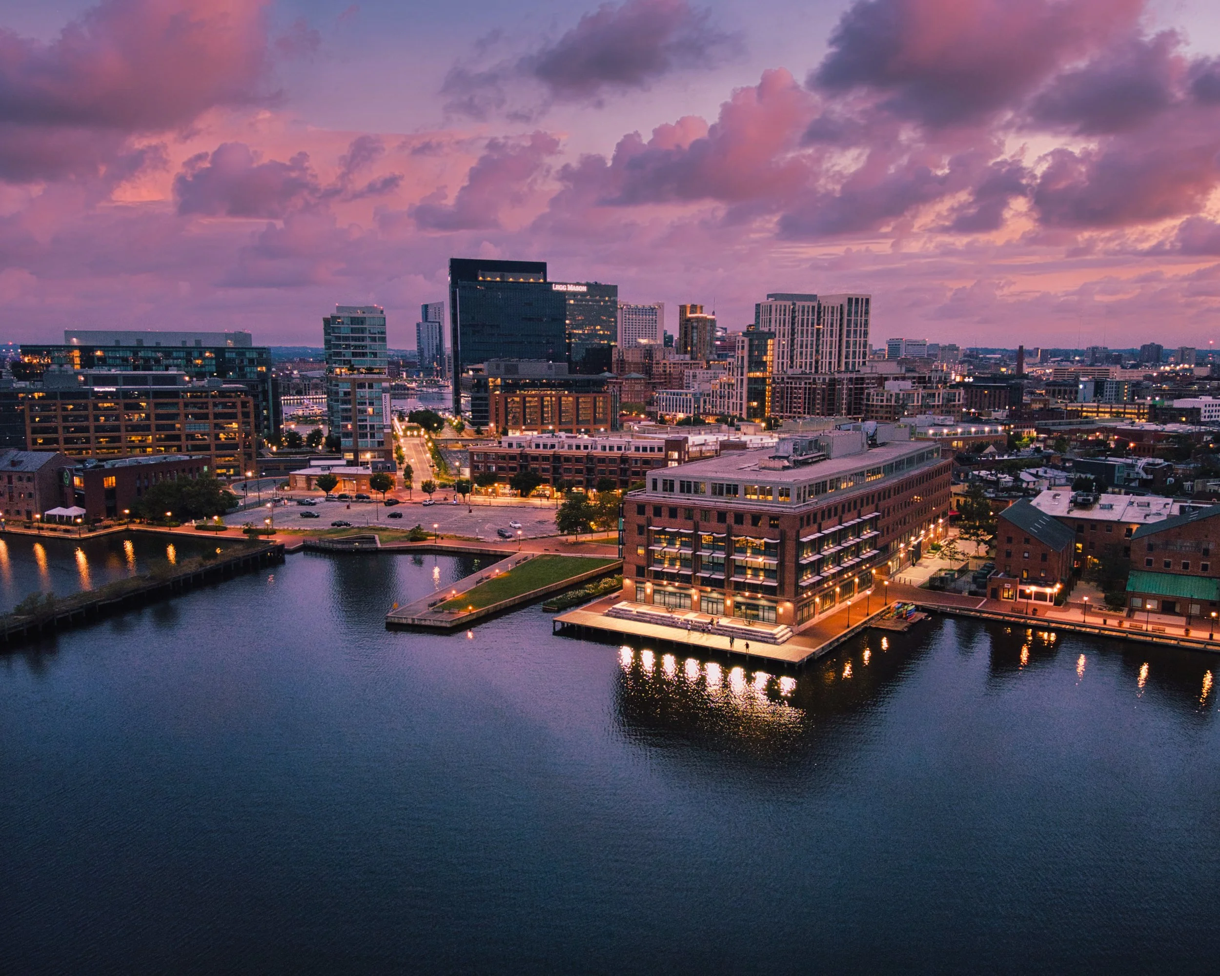 Sunset from the air in Baltimore harbor.