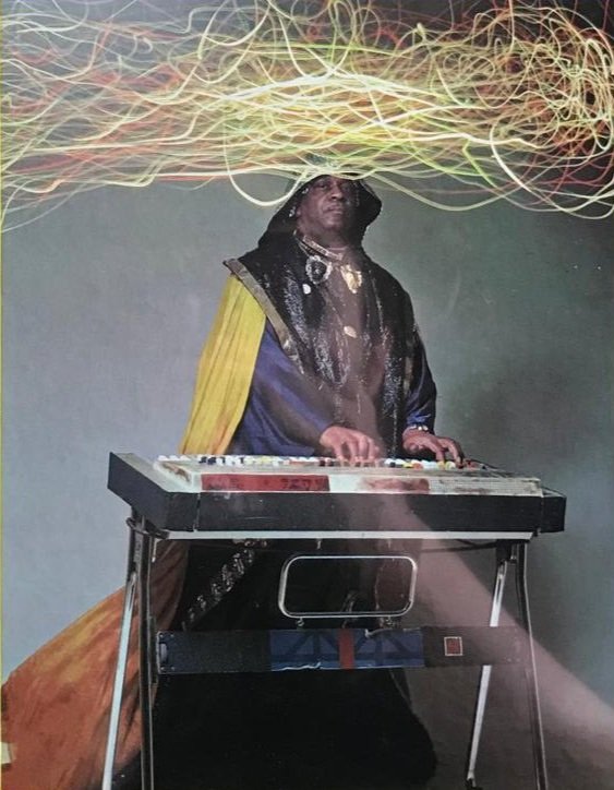 Photo of Sun Ra by Francis Ing for the back cover of the Atlantis album reissue, 1973. Accessed via @jazzphotoarchives on Instagram.