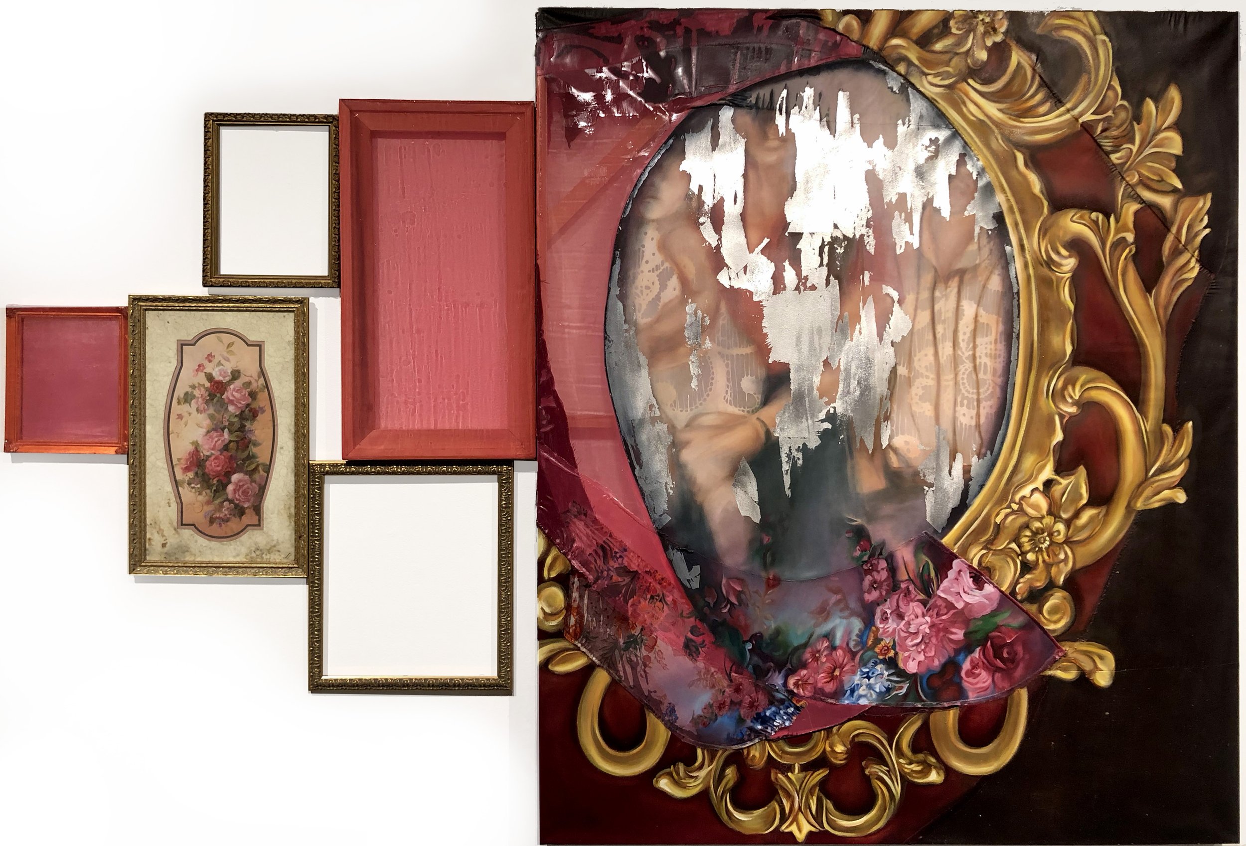 Strangers In Frame_sewn fabric, resin, found frames, silver leaf, oil paint_60x102 inches.jpg